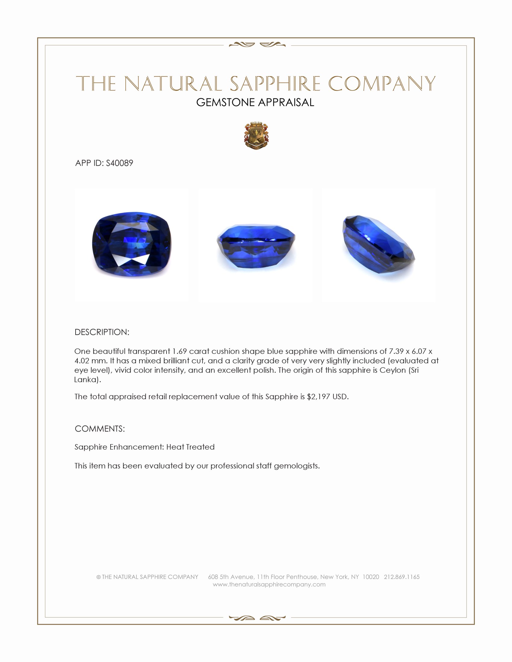 1.69 Ct. Blue Sapphire from Ceylon (Sri Lanka)