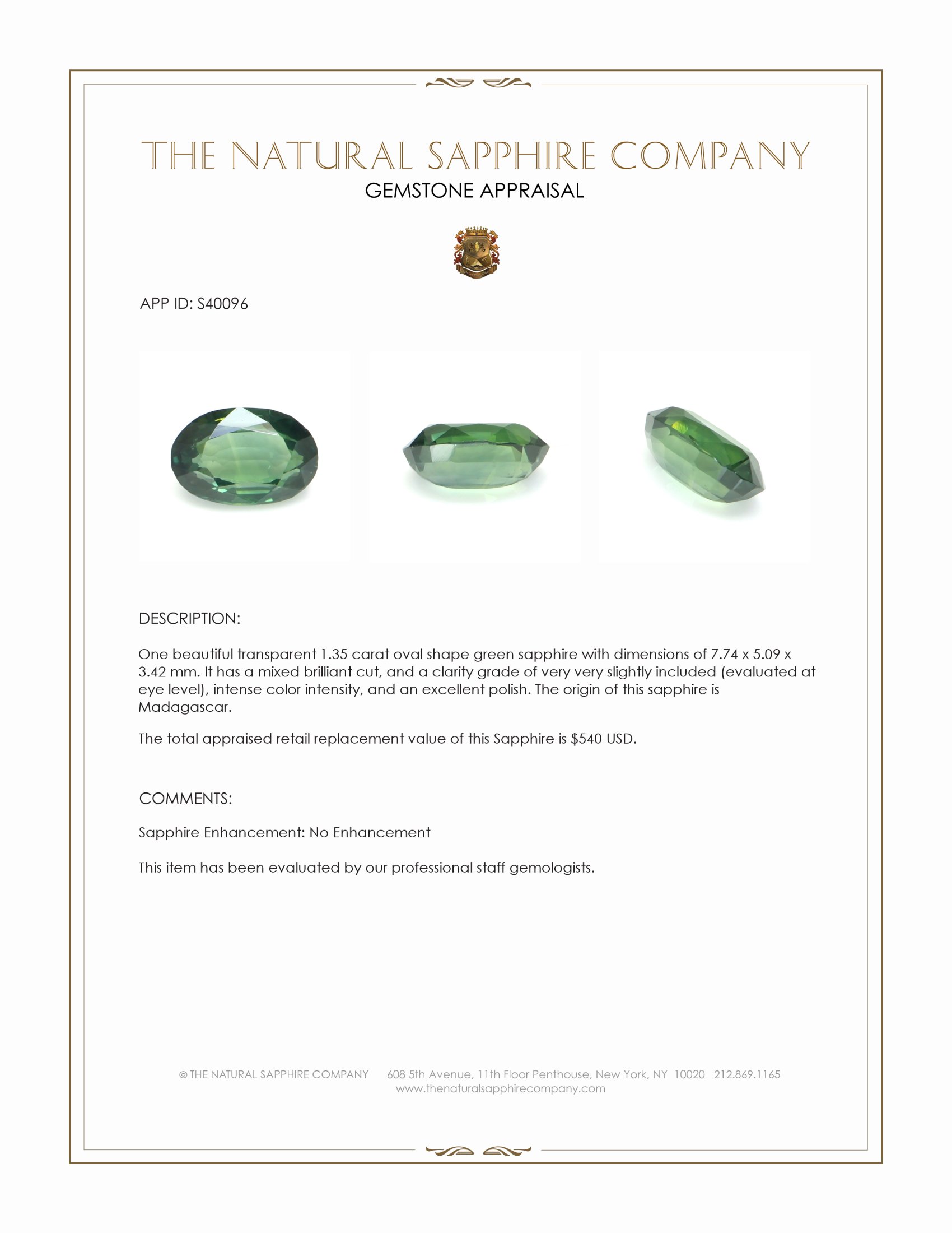 1.35 Ct. Green Sapphire from Madagascar