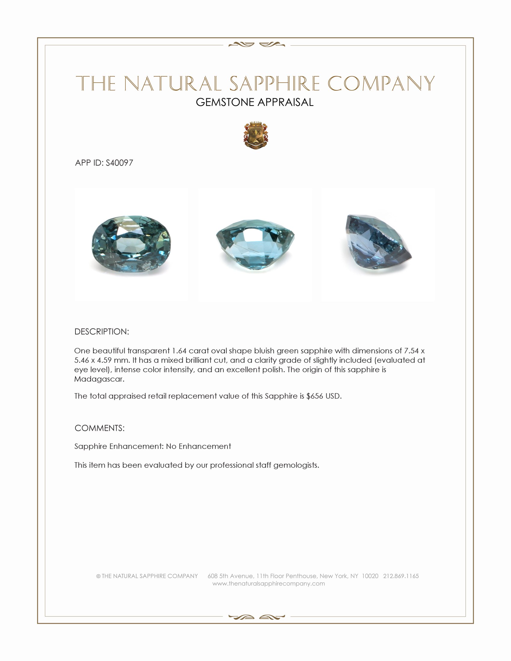 1.64 Ct. Bluish Green Sapphire from Madagascar