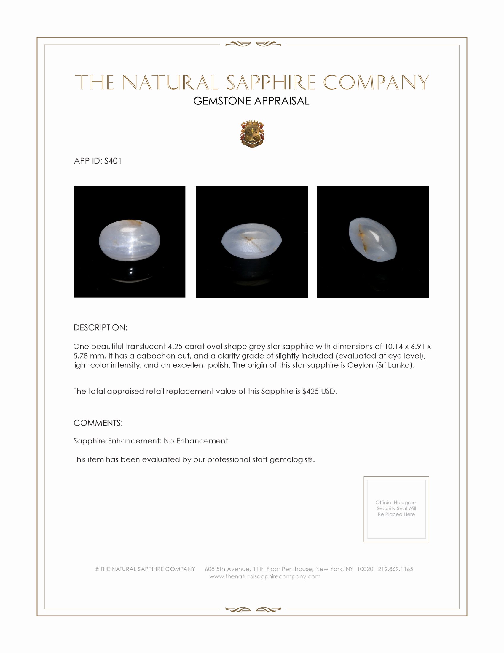 4.25 Ct. Grey Star Sapphire from Ceylon (Sri Lanka)