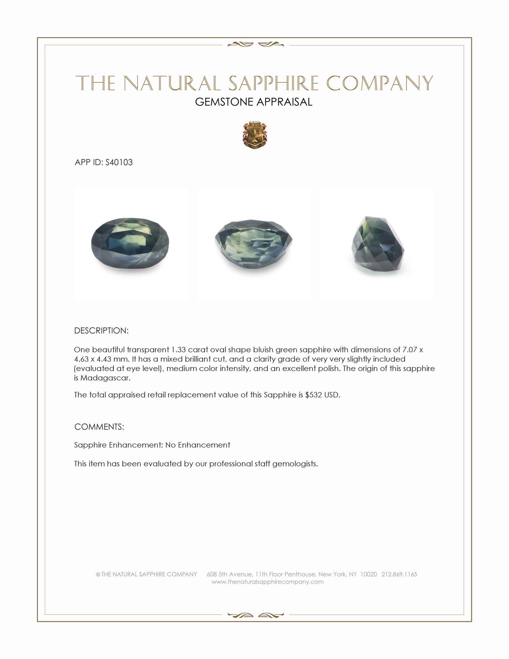 1.33 Ct. Bluish Green Sapphire from Madagascar