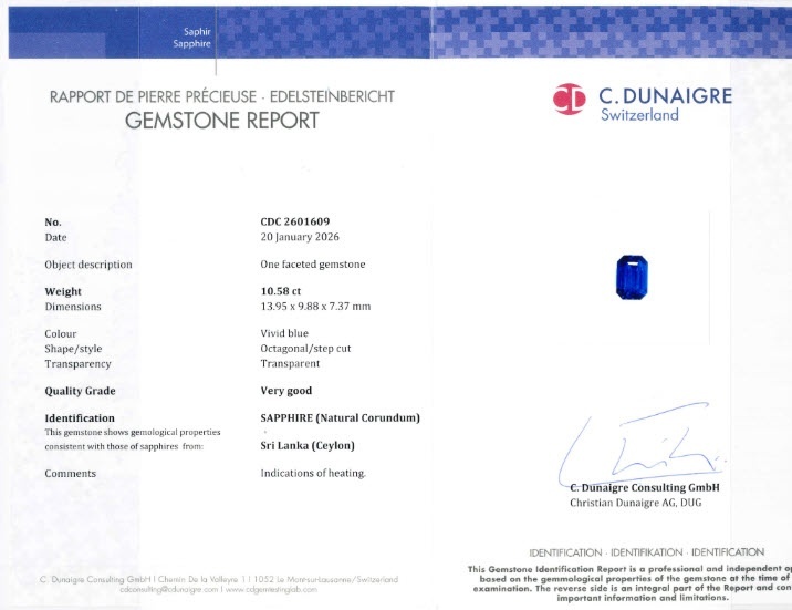 10.58 Ct. Blue Sapphire from Ceylon (Sri Lanka)