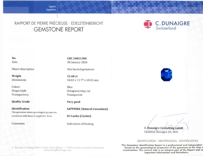21.68 Ct. Blue Sapphire from Ceylon (Sri Lanka)