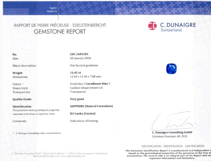 11.45 Ct. Blue Sapphire from Ceylon (Sri Lanka)