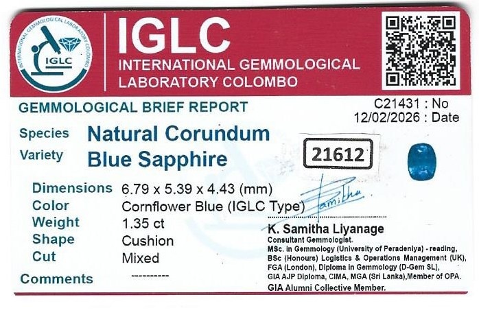 1.35 Ct. Blue Sapphire from Ceylon (Sri Lanka)