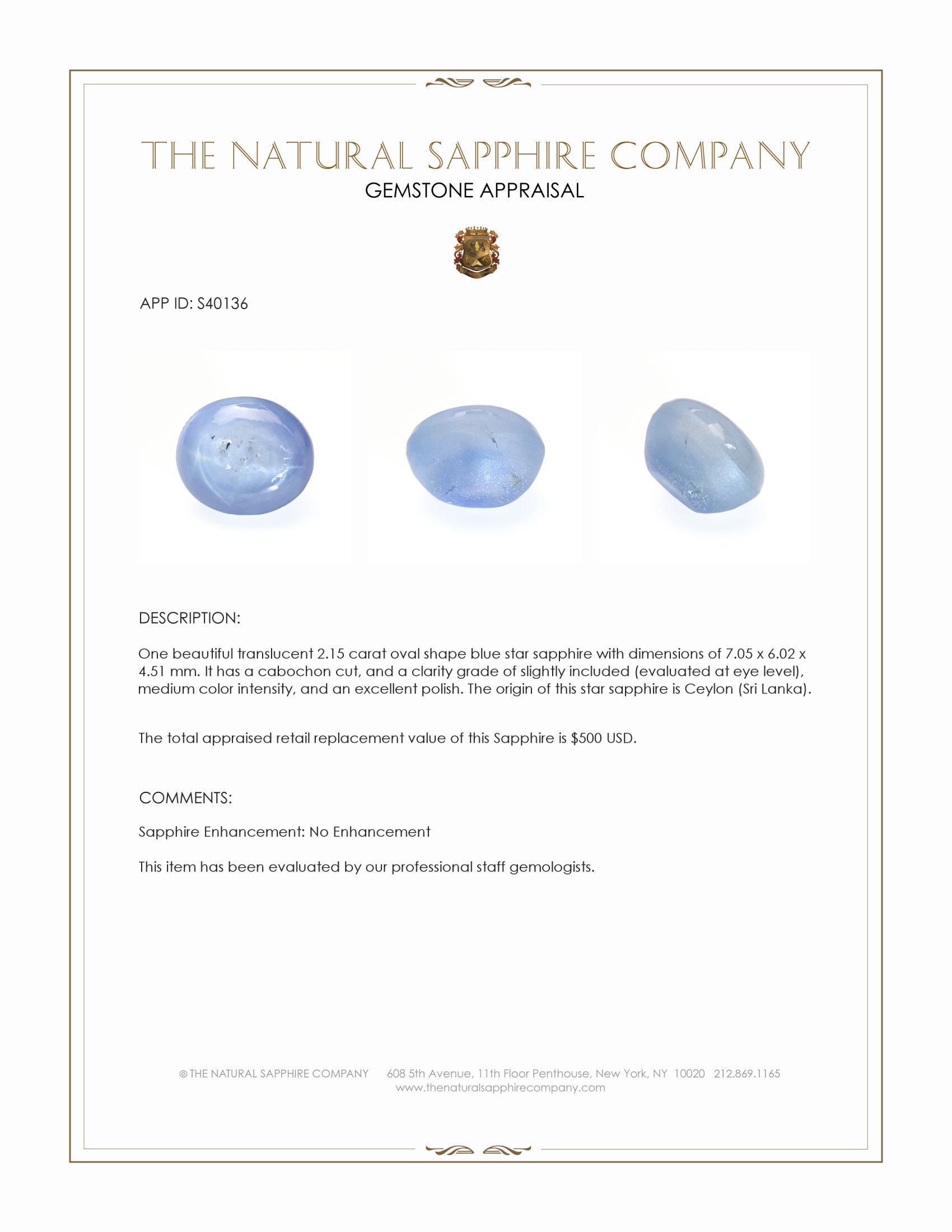 2.15 Ct. Blue Star Sapphire from Ceylon (Sri Lanka)