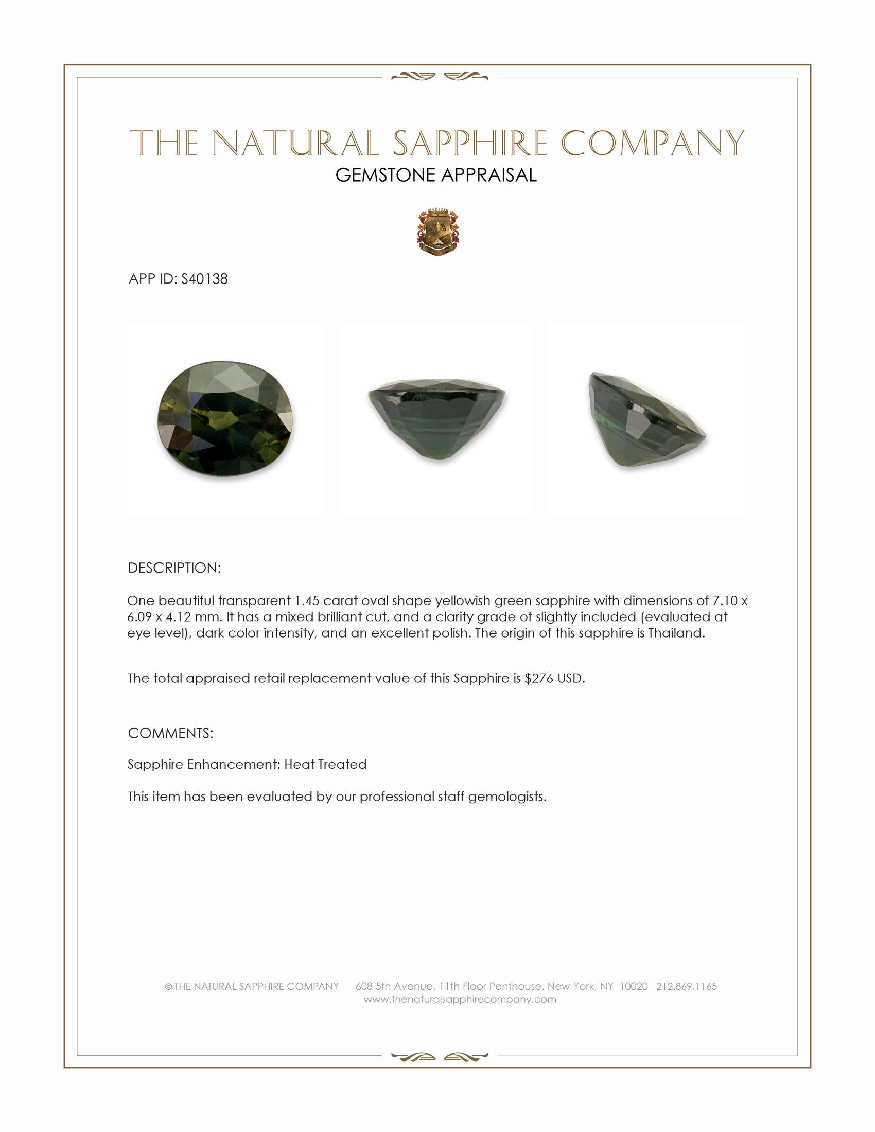 1.45 Ct. Yellowish Green Sapphire from Thailand