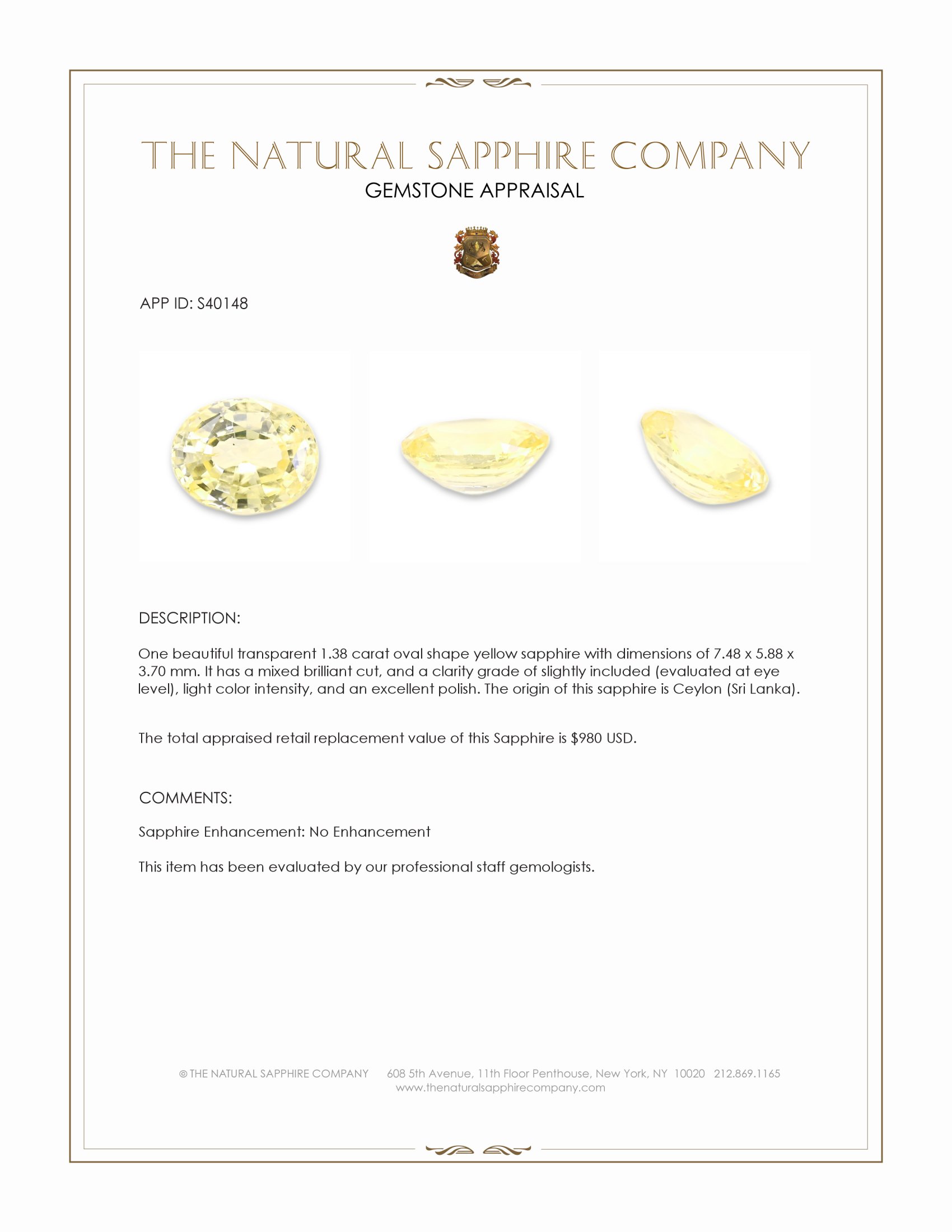 1.38 Ct. Yellow Sapphire from Ceylon (Sri Lanka)