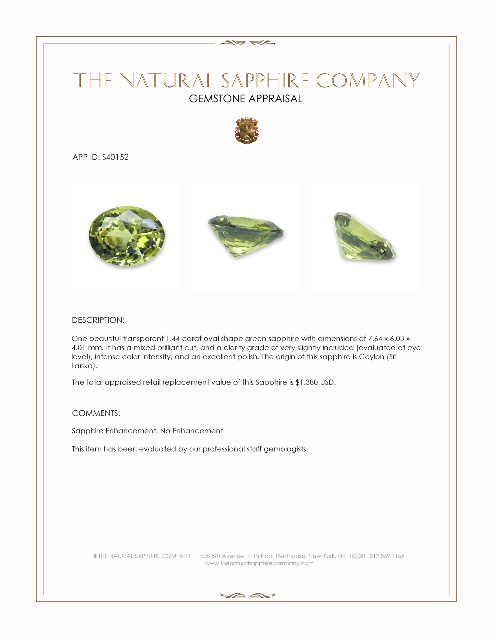 1.44 Ct. Green Sapphire from Ceylon (Sri Lanka)