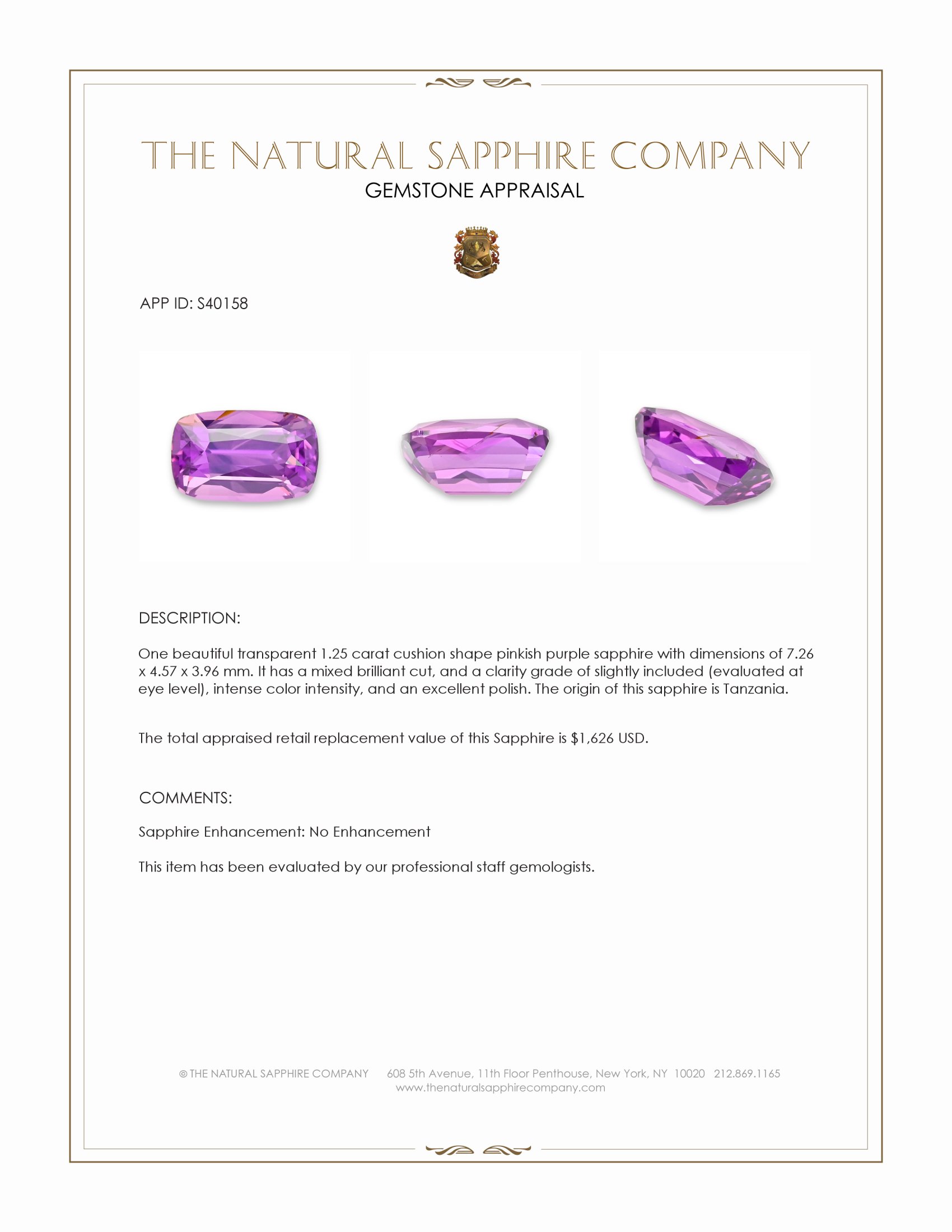 1.25 Ct. Pinkish Purple Sapphire from Tanzania