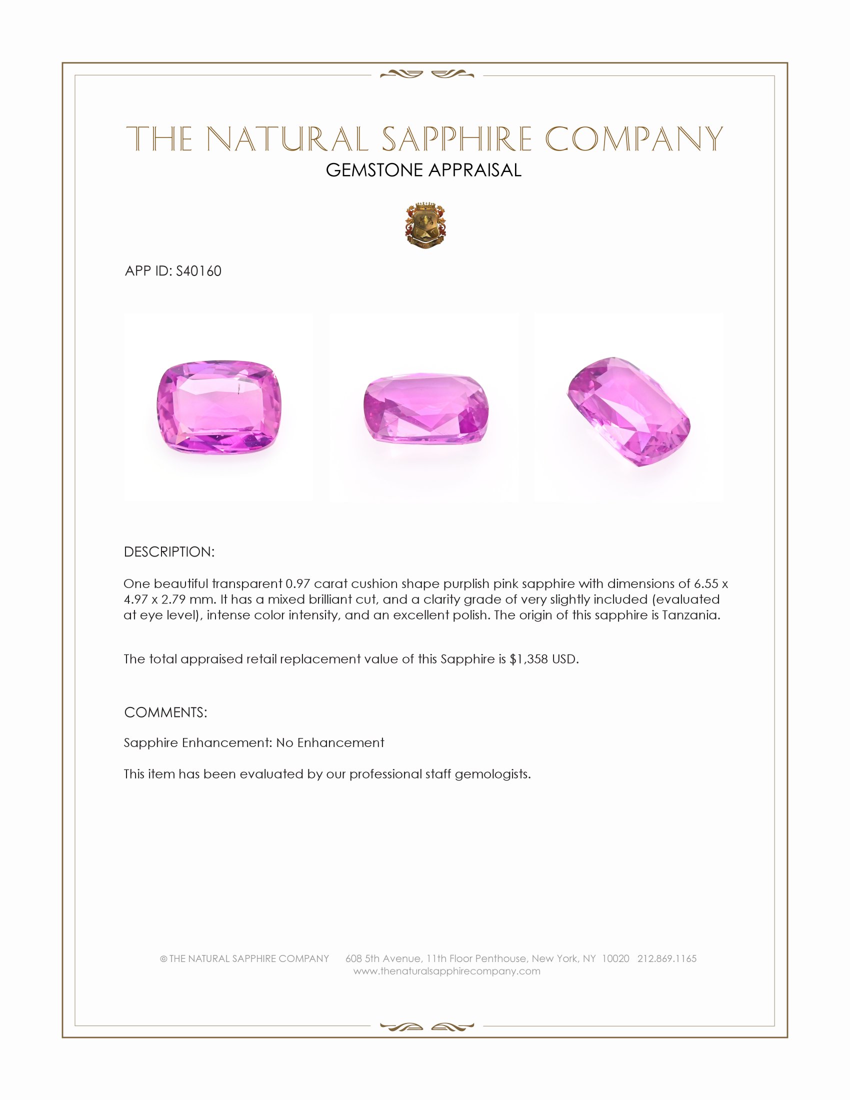 0.97 Ct. Purplish Pink Sapphire from Tanzania