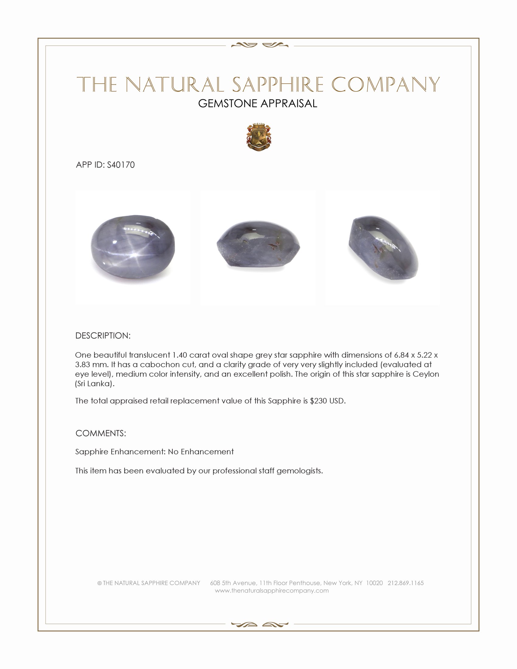 1.40 Ct. Grey Star Sapphire from Ceylon (Sri Lanka)