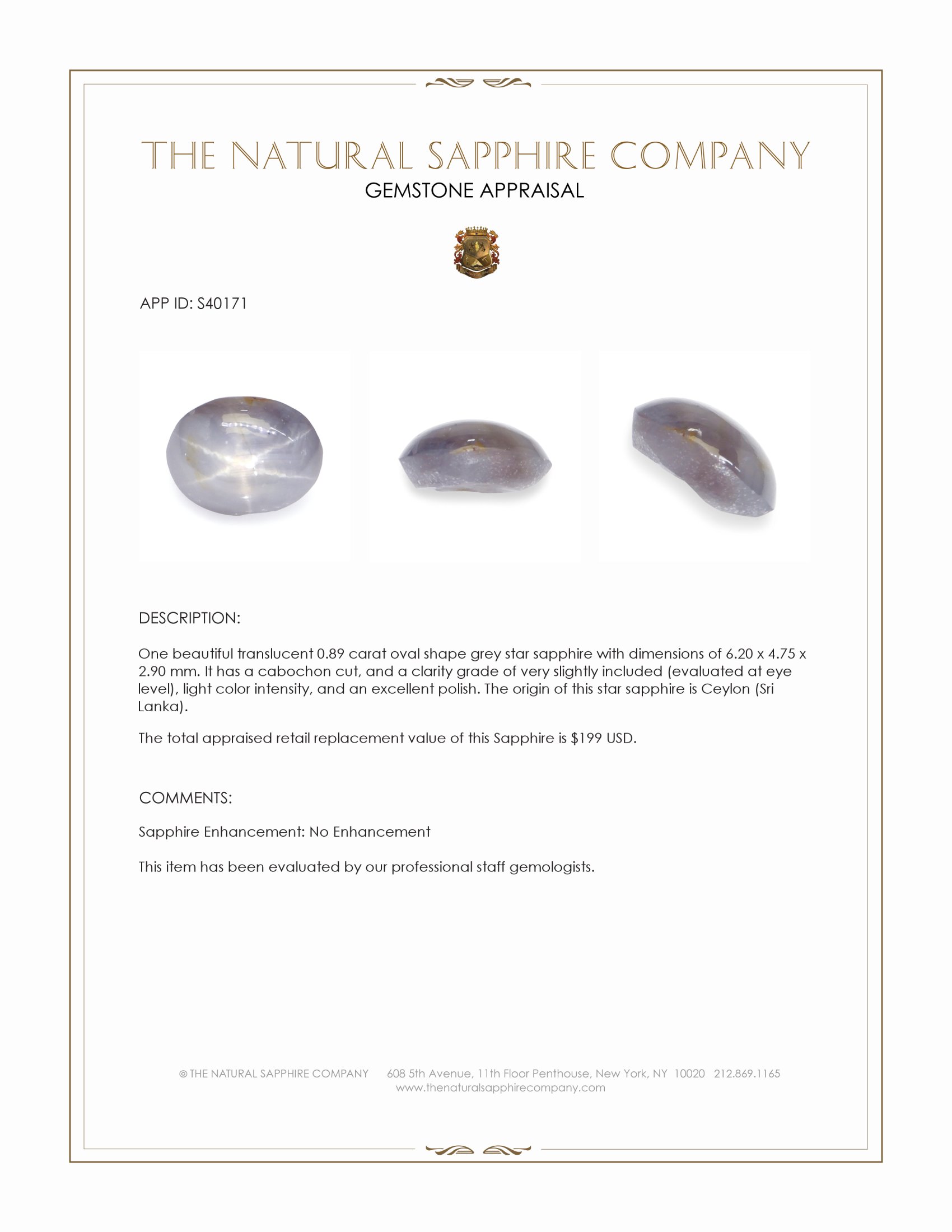0.89 Ct. Grey Star Sapphire from Ceylon (Sri Lanka)