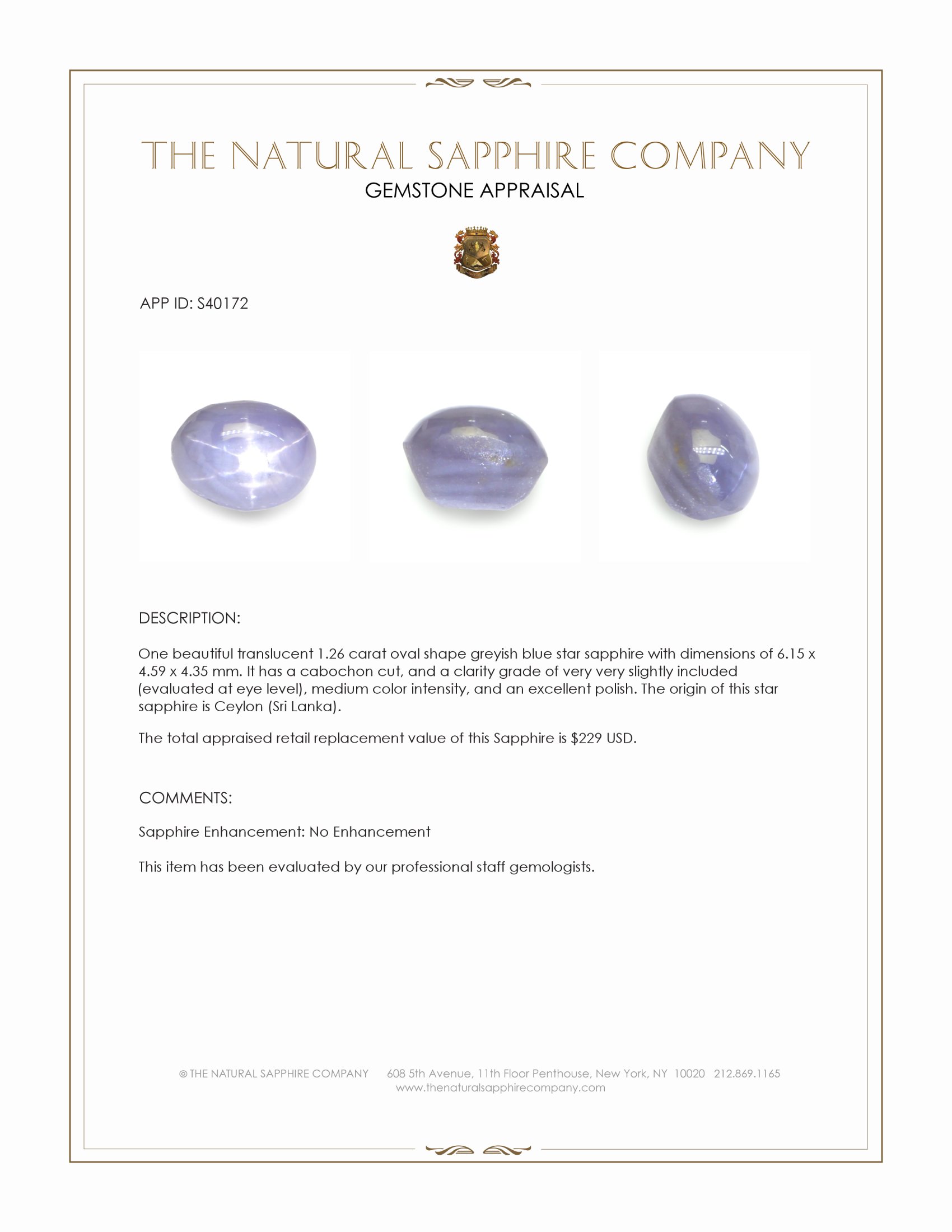 1.26 Ct. Greyish Blue Star Sapphire from Ceylon (Sri Lanka)