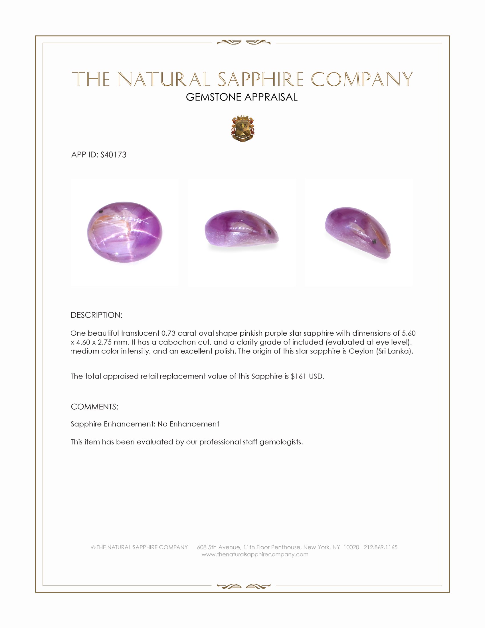 0.73 Ct. Pinkish Purple Star Sapphire from Ceylon (Sri Lanka)