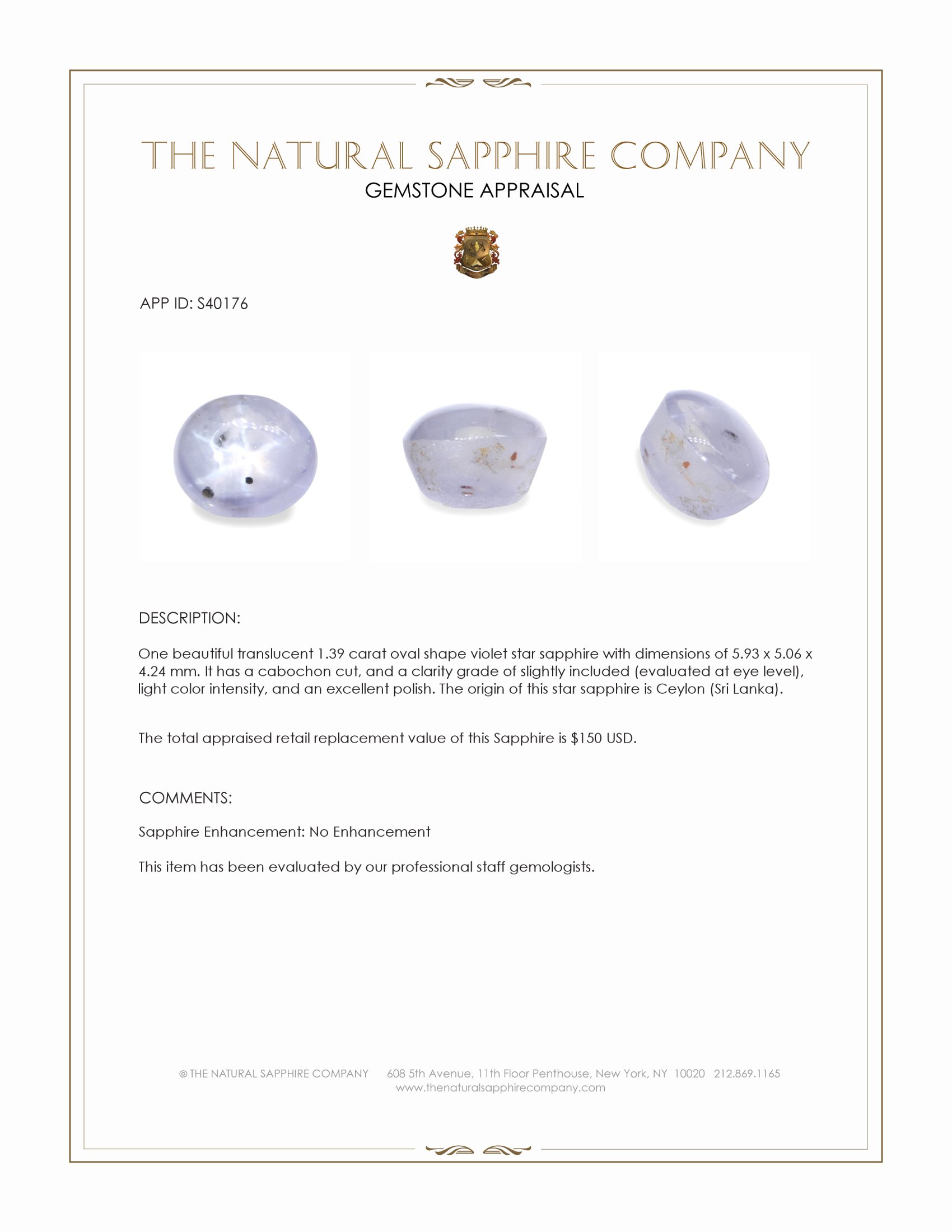 1.39 Ct. Violet Star Sapphire from Ceylon (Sri Lanka)