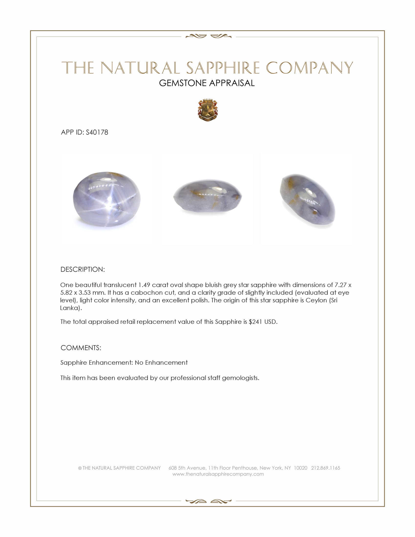 1.49 Ct. Bluish Grey Star Sapphire from Ceylon (Sri Lanka)