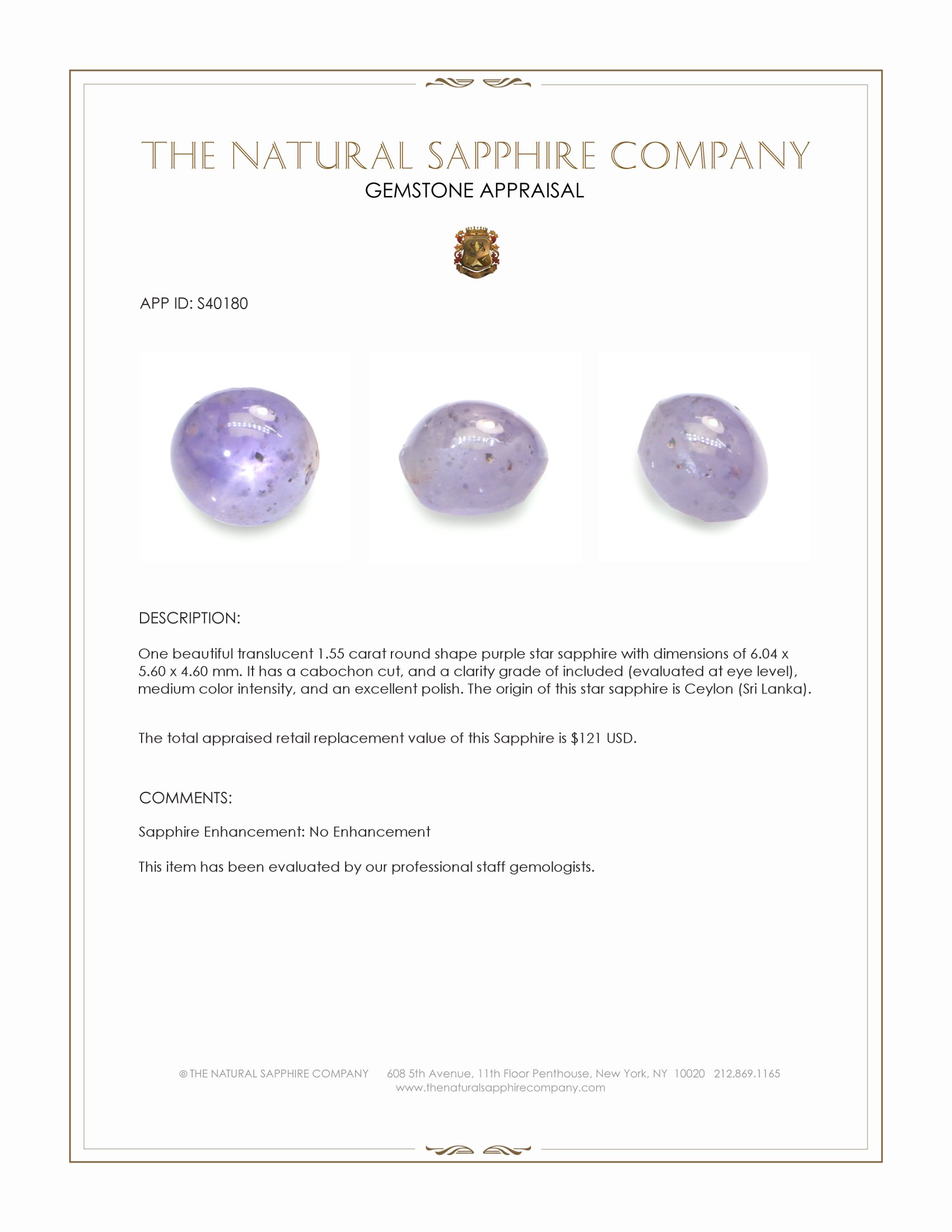 1.55 Ct. Purple Star Sapphire from Ceylon (Sri Lanka)