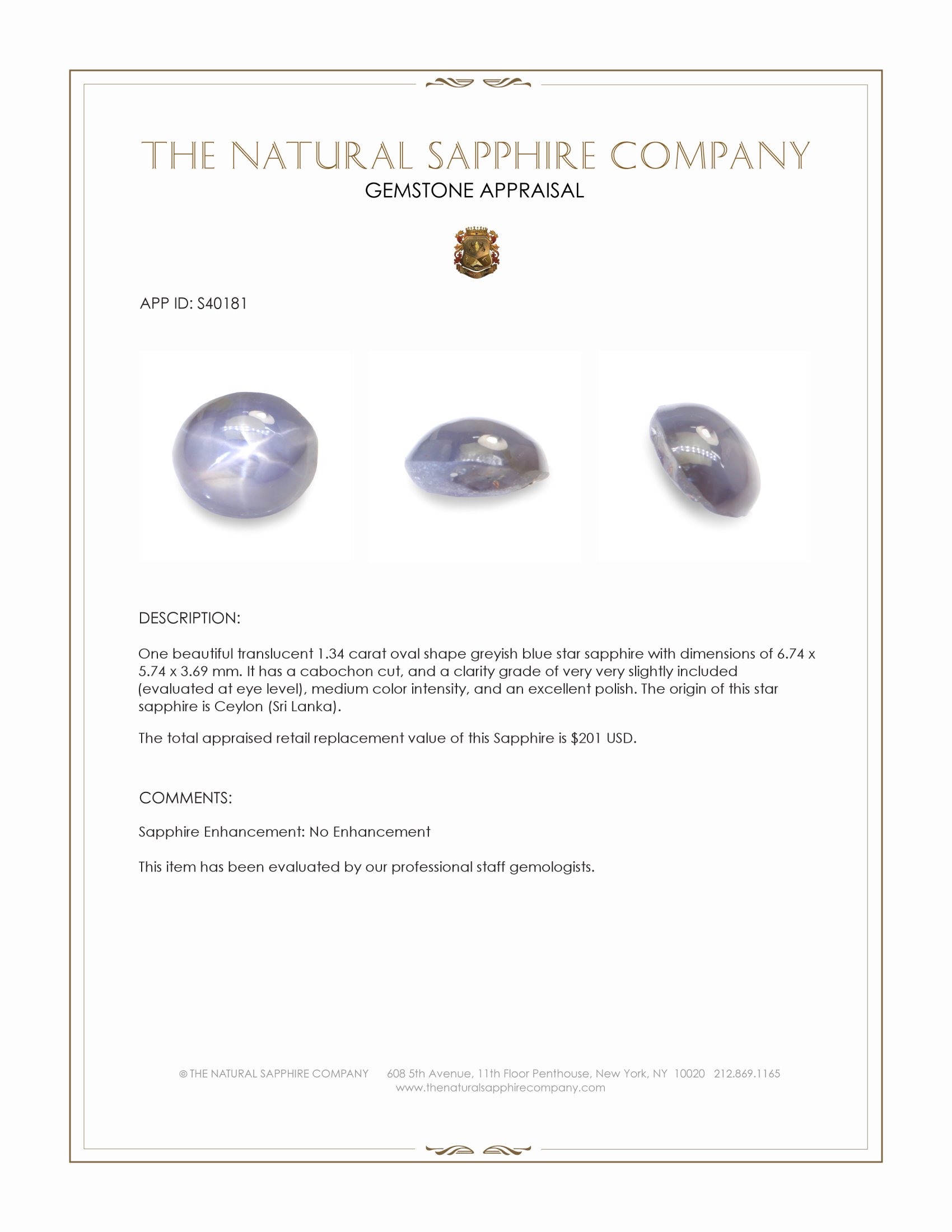 1.34 Ct. Greyish Blue Star Sapphire from Ceylon (Sri Lanka)