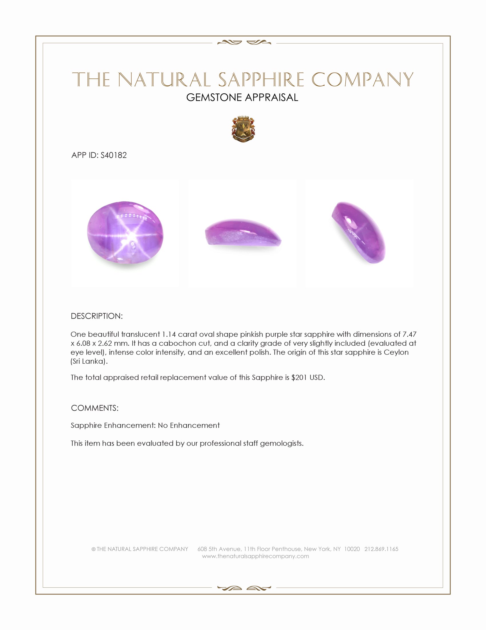 1.14 Ct. Pinkish Purple Star Sapphire from Ceylon (Sri Lanka)