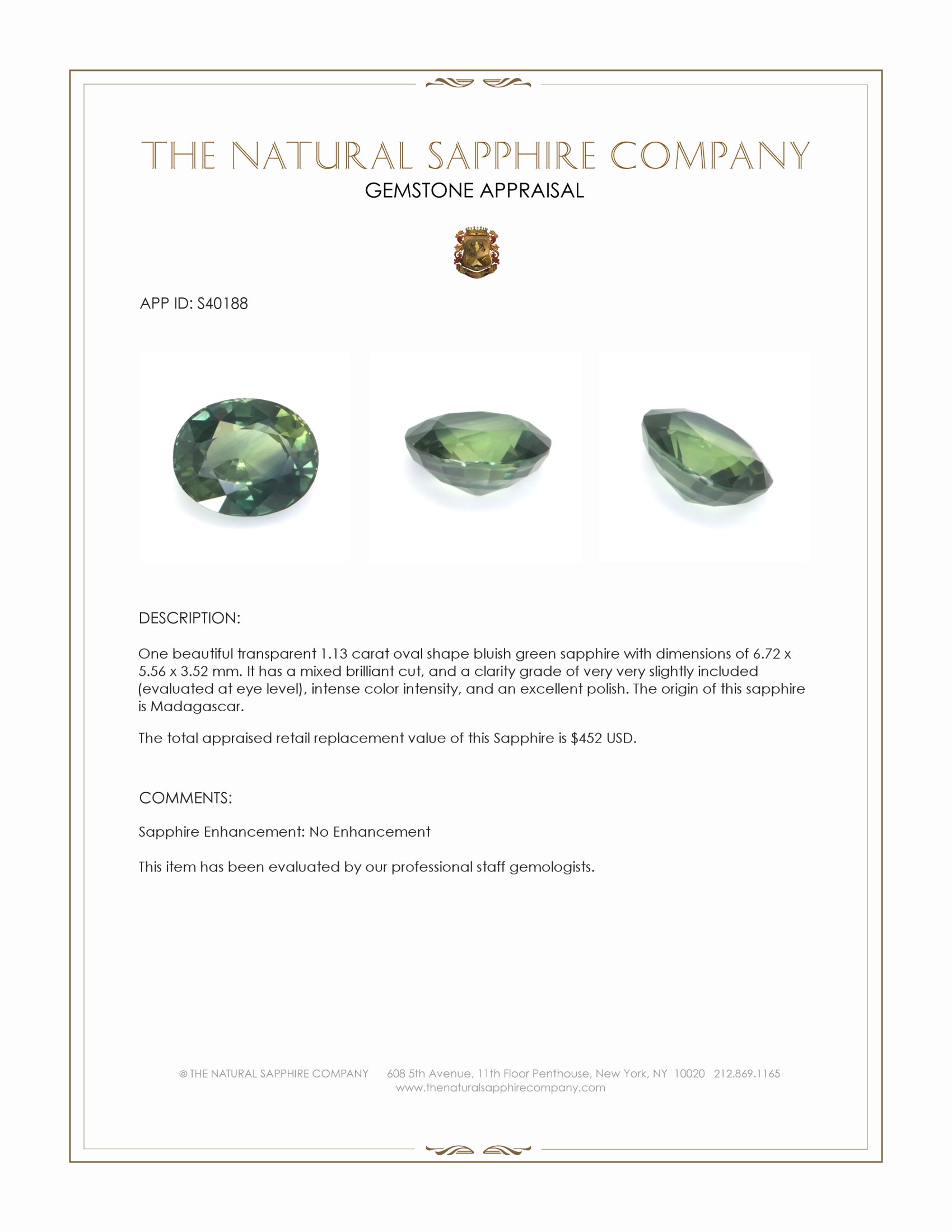 1.13 Ct. Bluish Green Sapphire from Madagascar