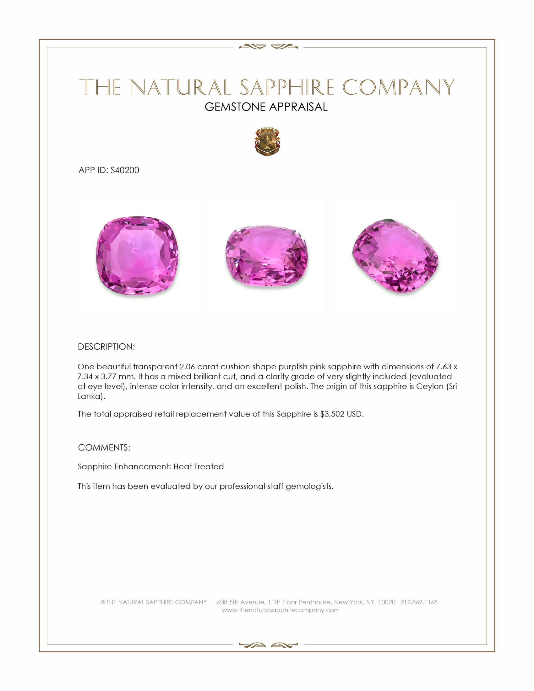 2.06 Ct. Purplish Pink Sapphire from Ceylon (Sri Lanka)