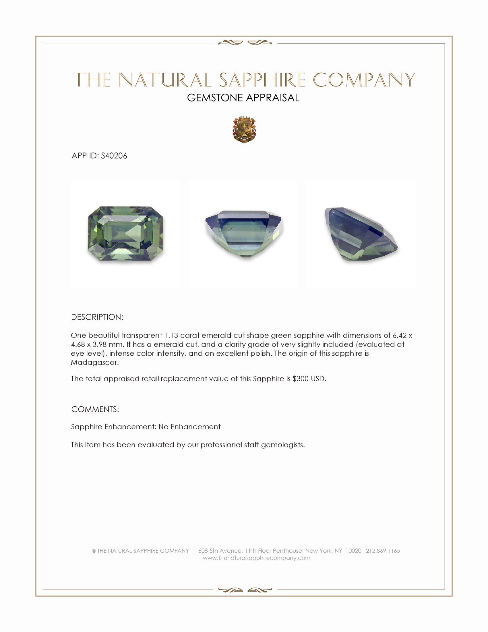 1.13 Ct. Green Sapphire from Madagascar