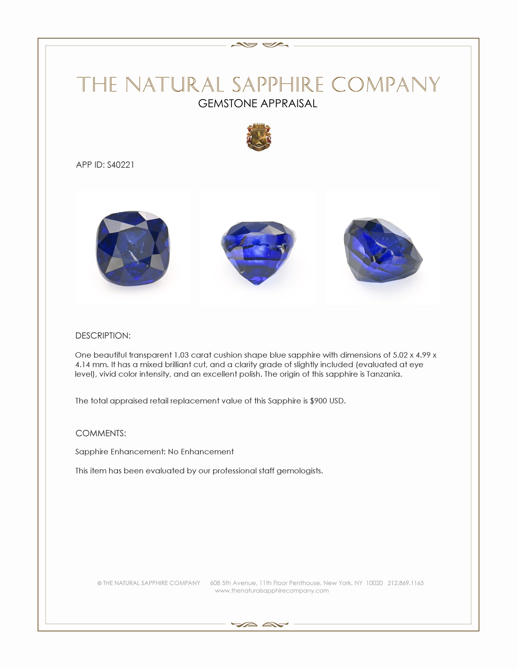 1.03 Ct. Blue Sapphire from Tanzania