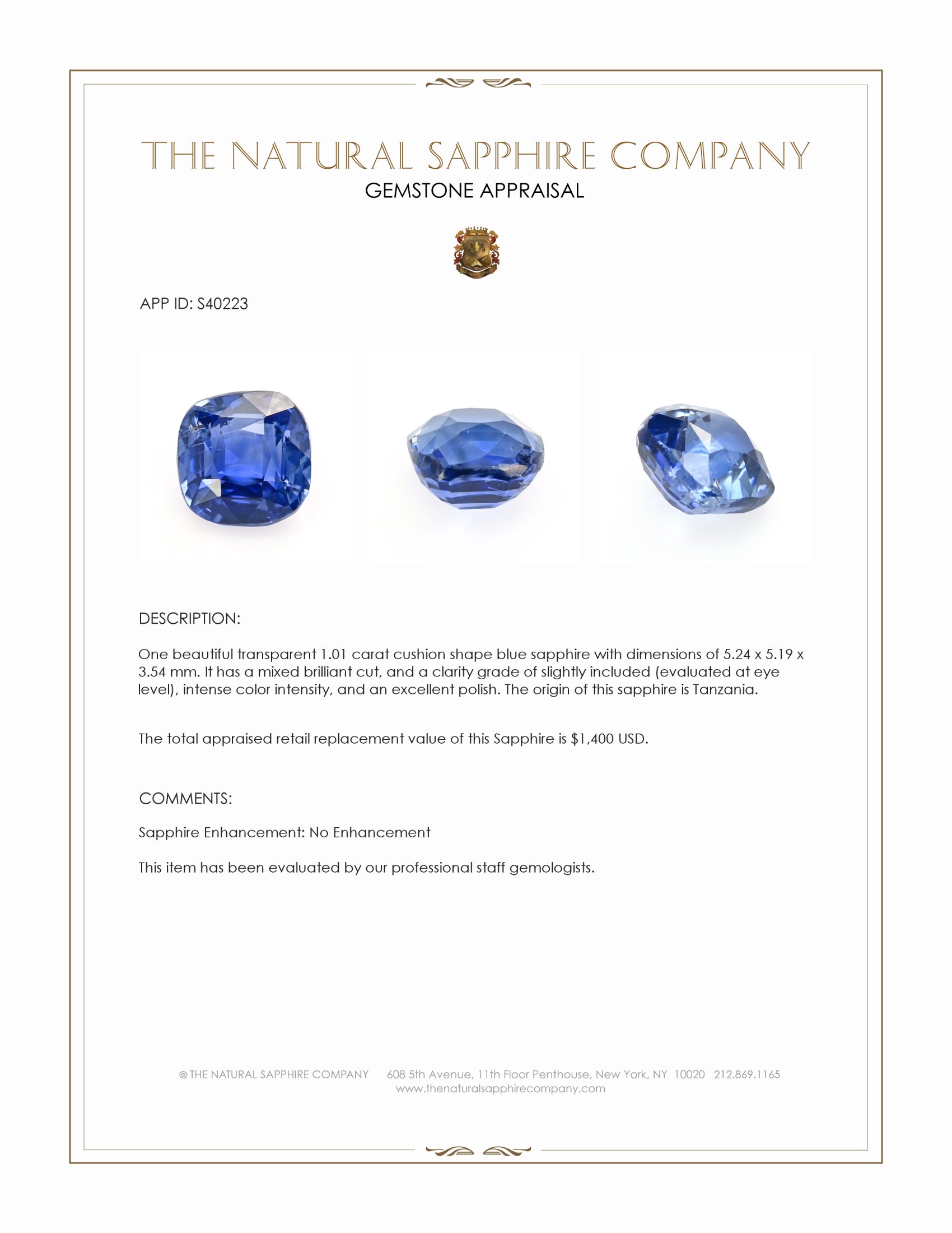 1.01 Ct. Blue Sapphire from Tanzania