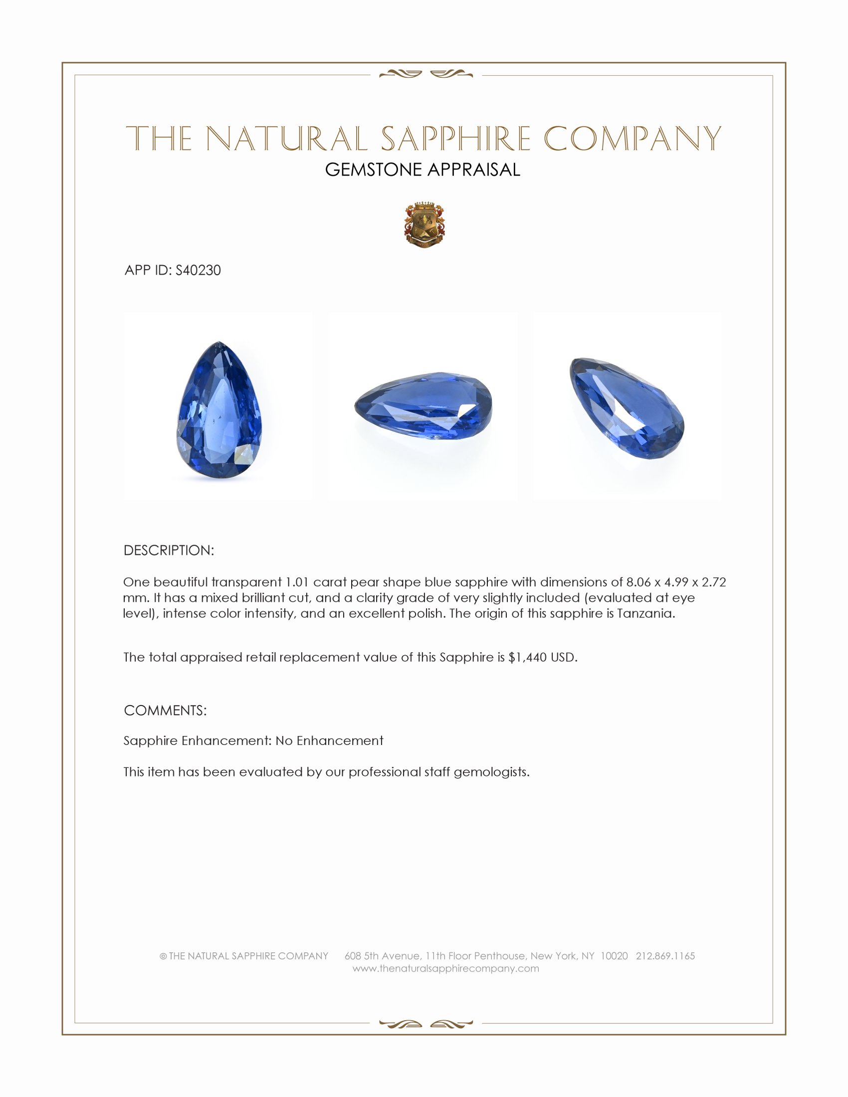 1.01 Ct. Blue Sapphire from Tanzania