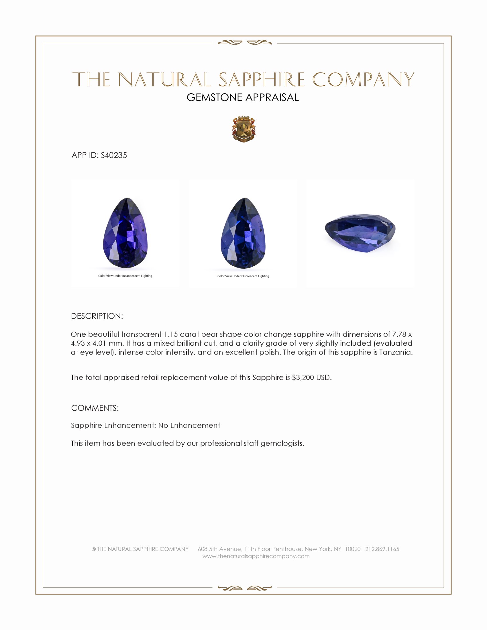1.15 Ct. Color Change Sapphire from Tanzania