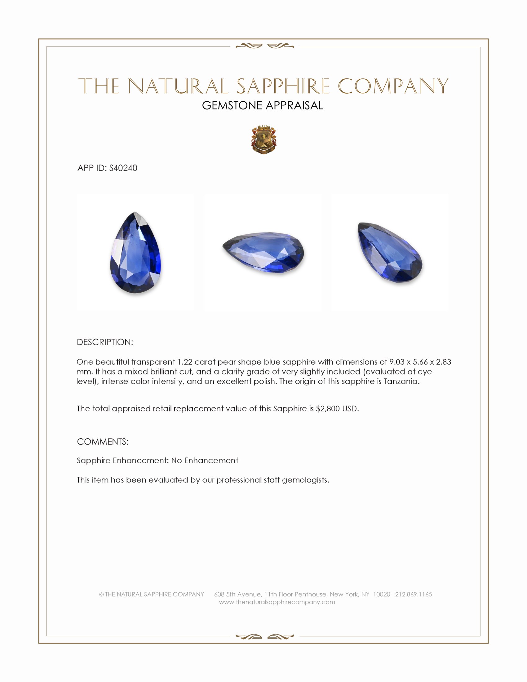 1.22 Ct. Blue Sapphire from Tanzania