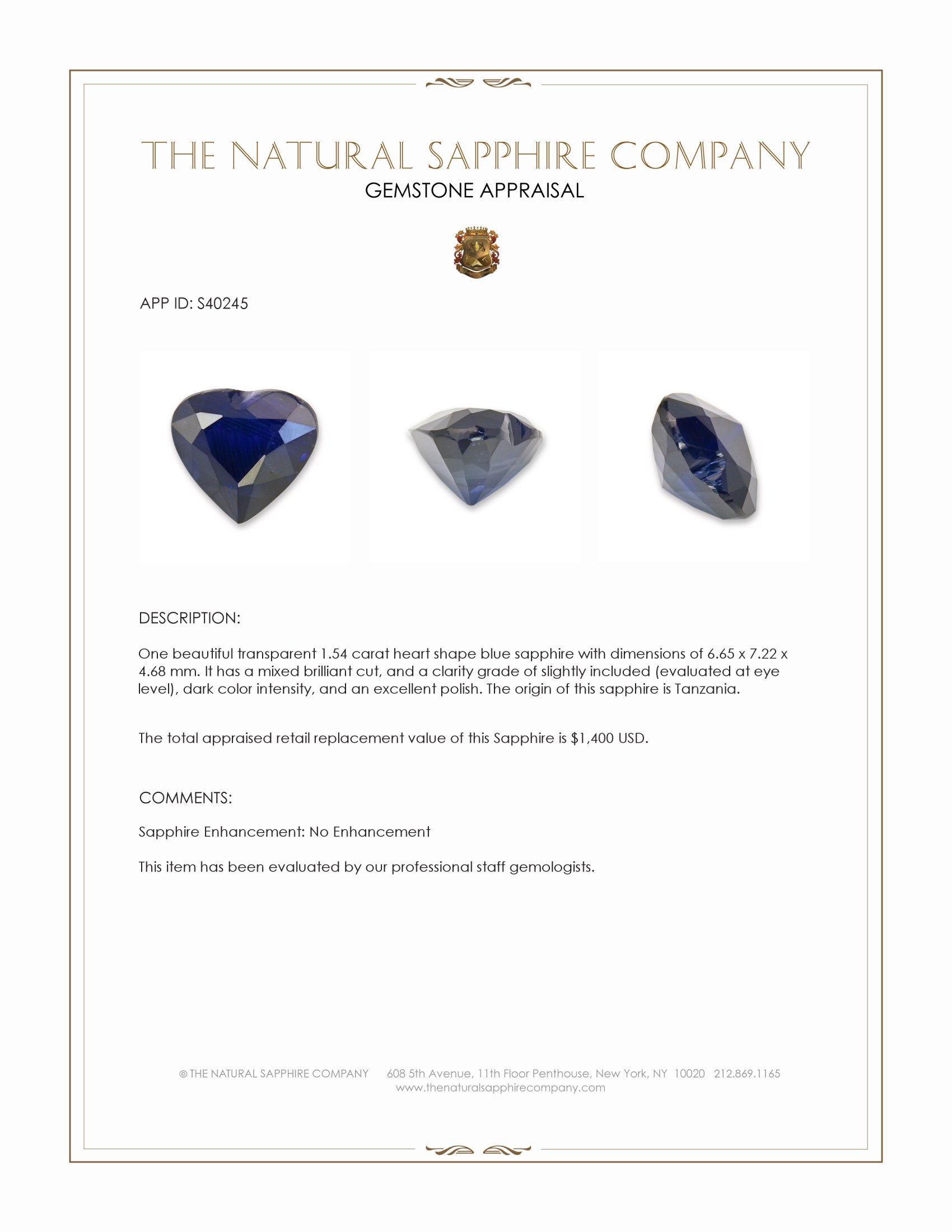 1.54 Ct. Blue Sapphire from Tanzania