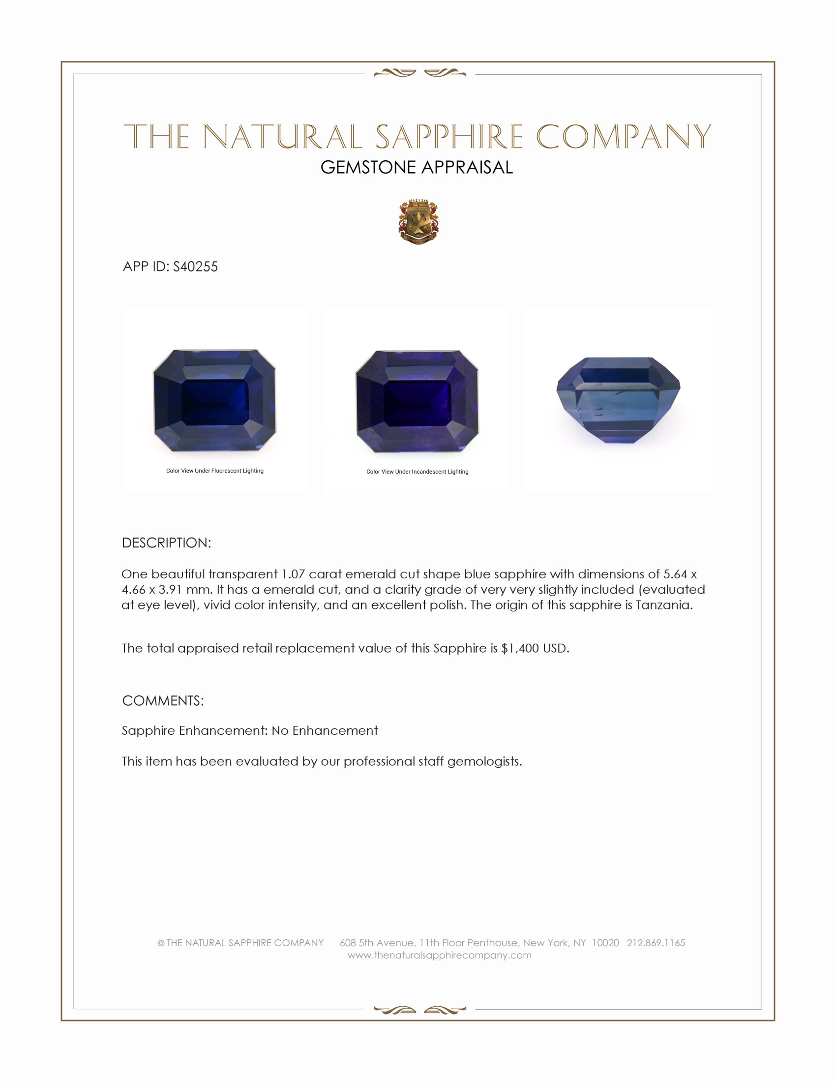 1.07 Ct. Blue Sapphire from Tanzania