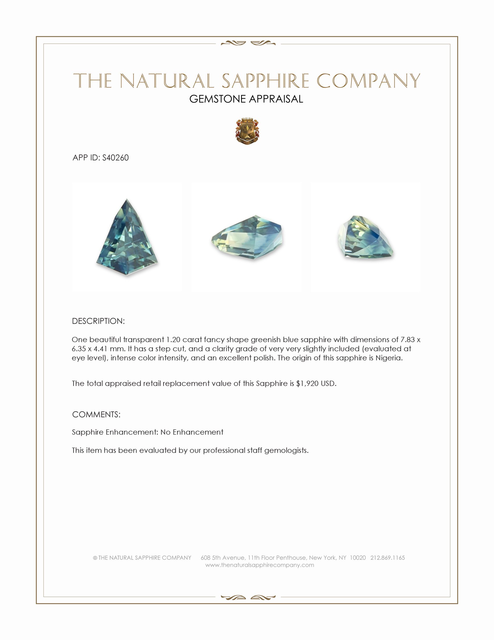 1.20 Ct. Greenish Blue Sapphire from Nigeria