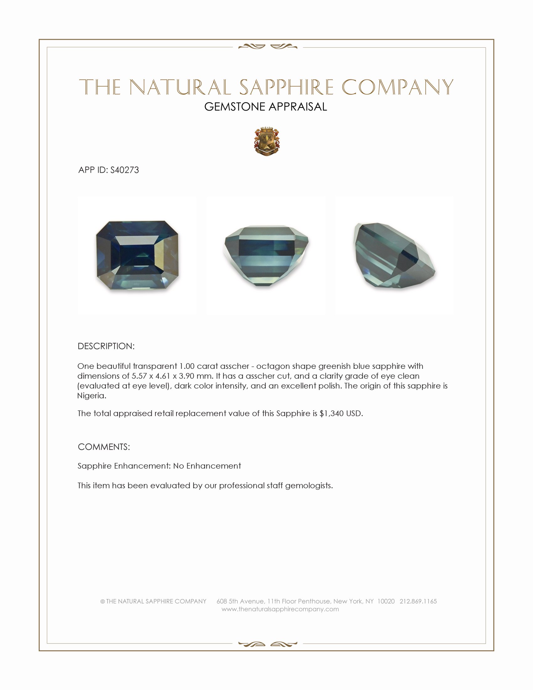 1.00 Ct. Greenish Blue Sapphire from Nigeria