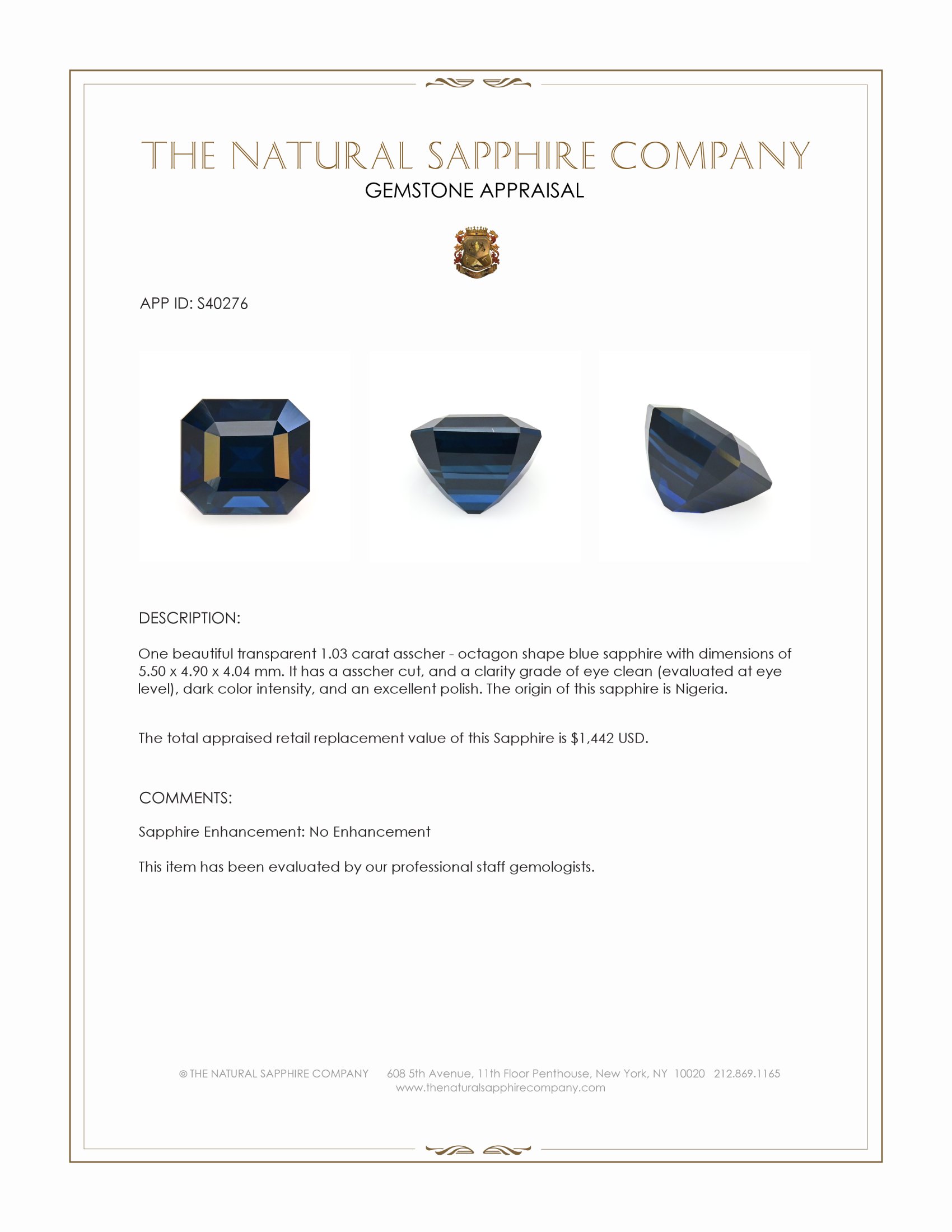 1.03 Ct. Blue Sapphire from Nigeria