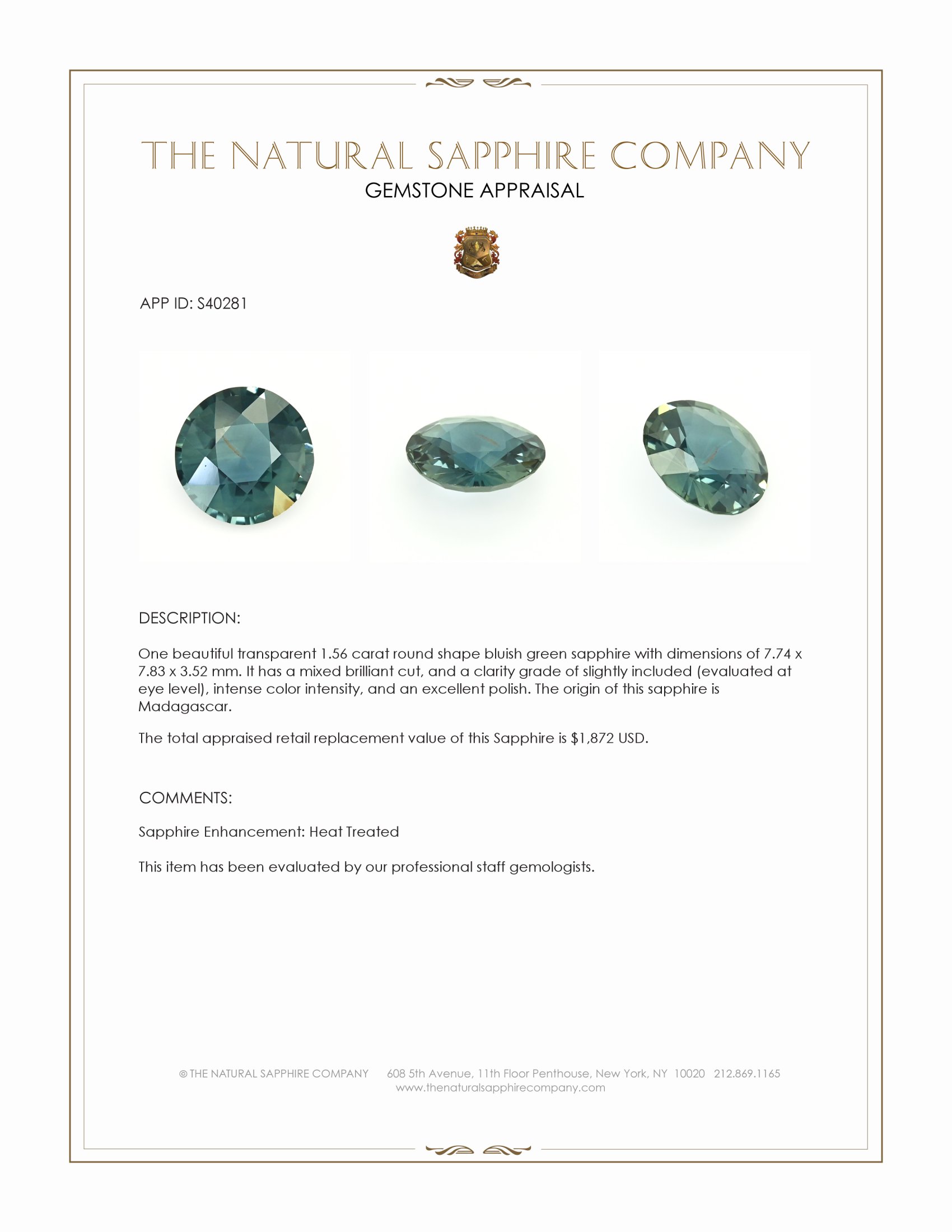 1.56 Ct. Bluish Green Sapphire from Madagascar