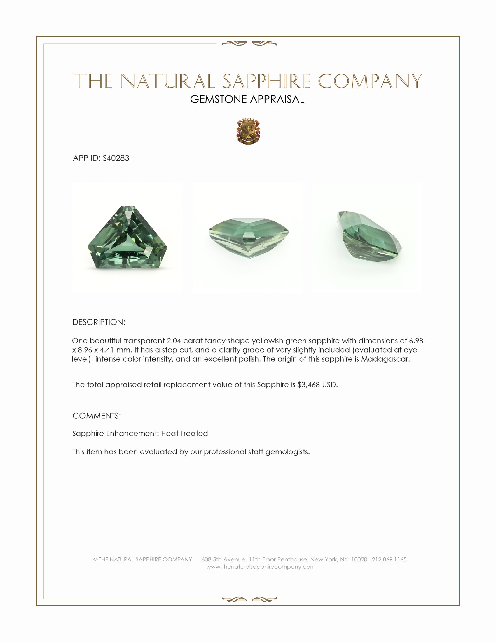 2.04 Ct. Yellowish Green Sapphire from Madagascar
