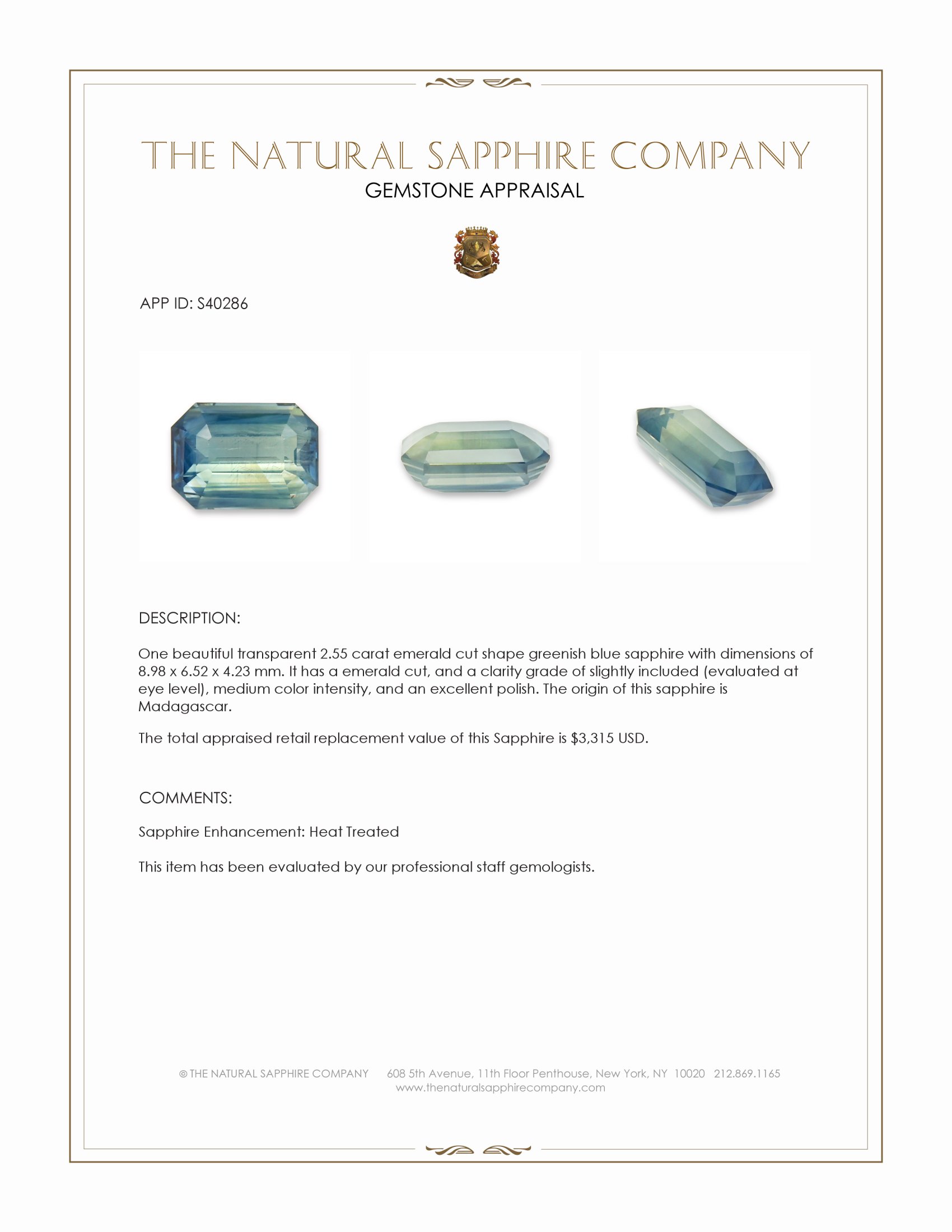 2.55 Ct. Greenish Blue Sapphire from Madagascar