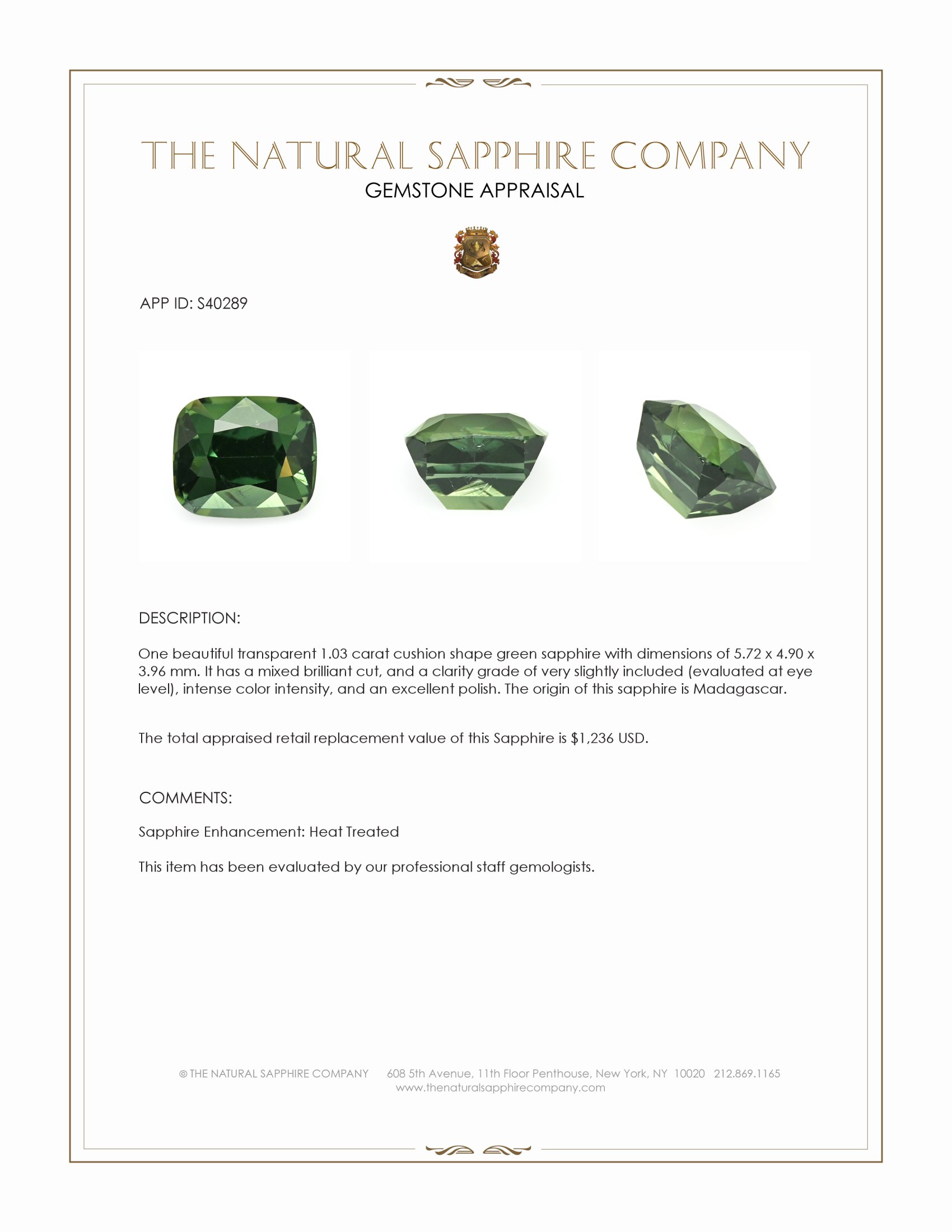 1.03 Ct. Green Sapphire from Madagascar