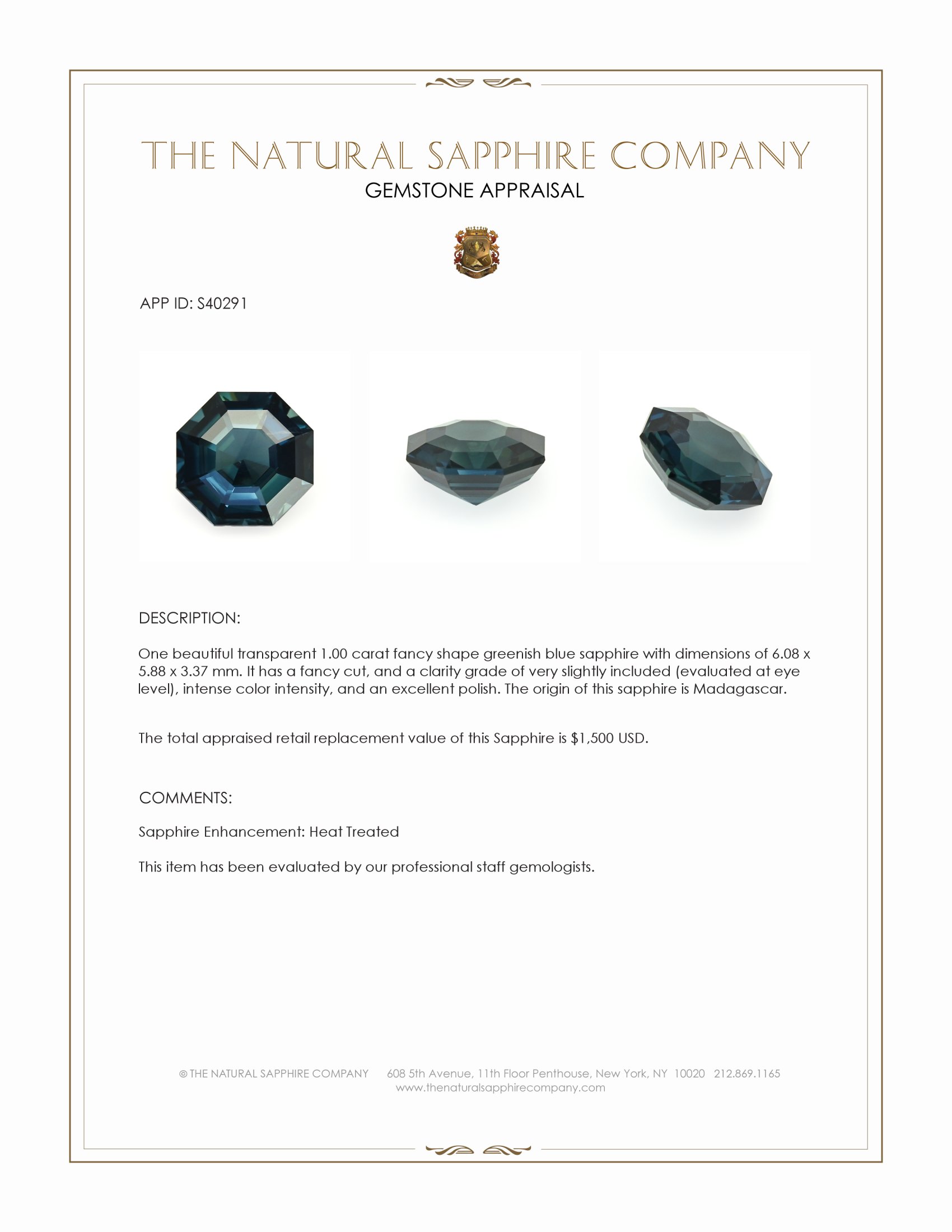 1.00 Ct. Greenish Blue Sapphire from Madagascar
