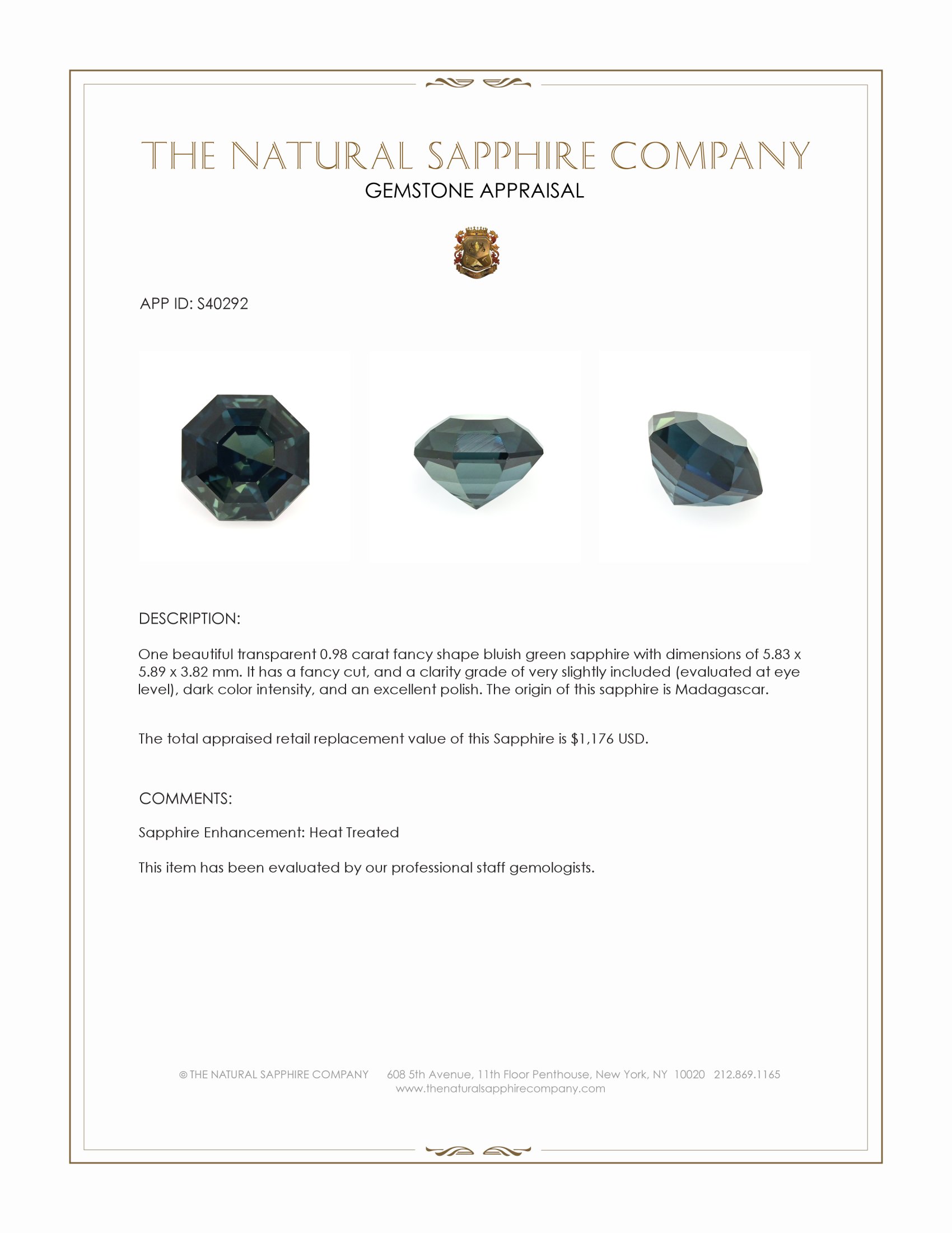 0.98 Ct. Bluish Green Sapphire from Madagascar