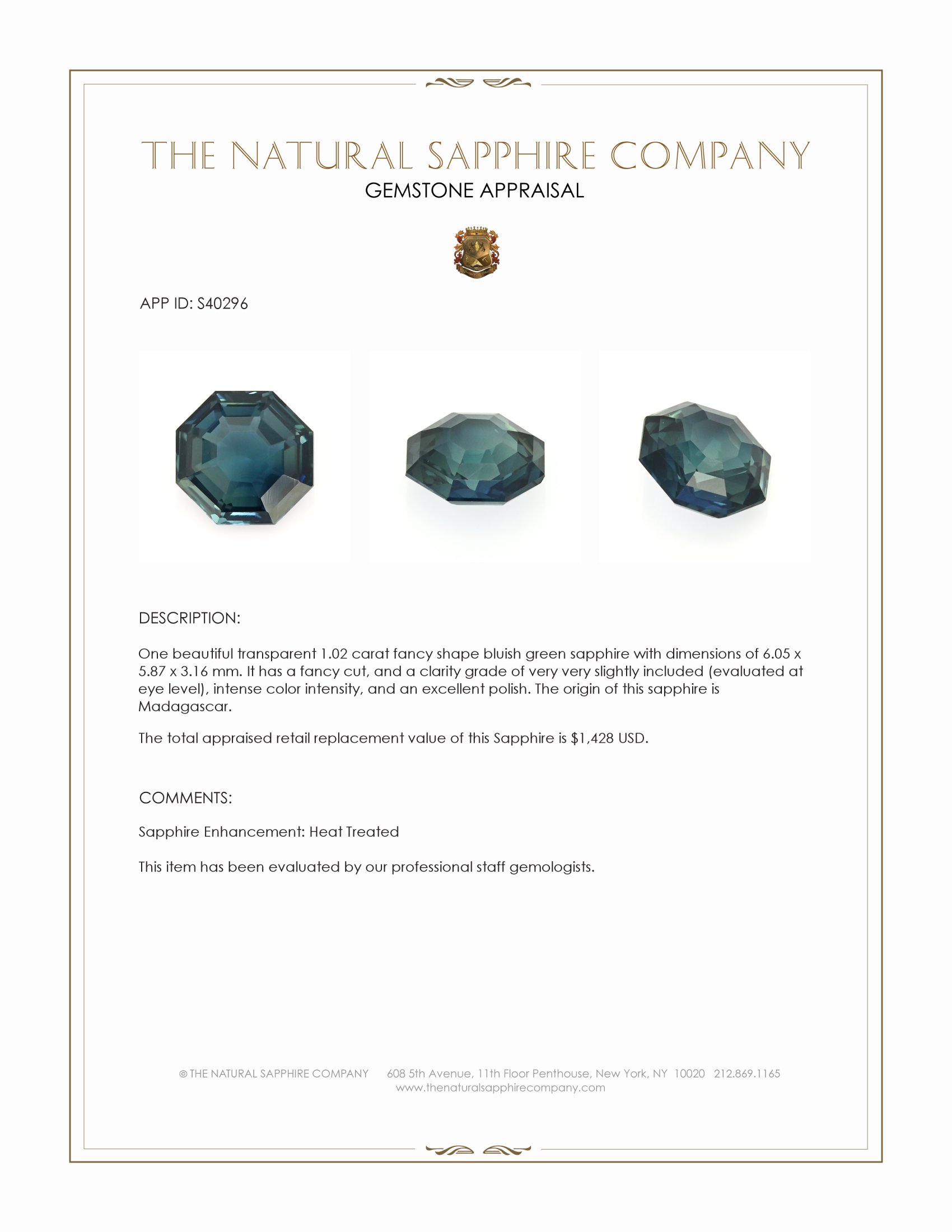 1.02 Ct. Bluish Green Sapphire from Madagascar