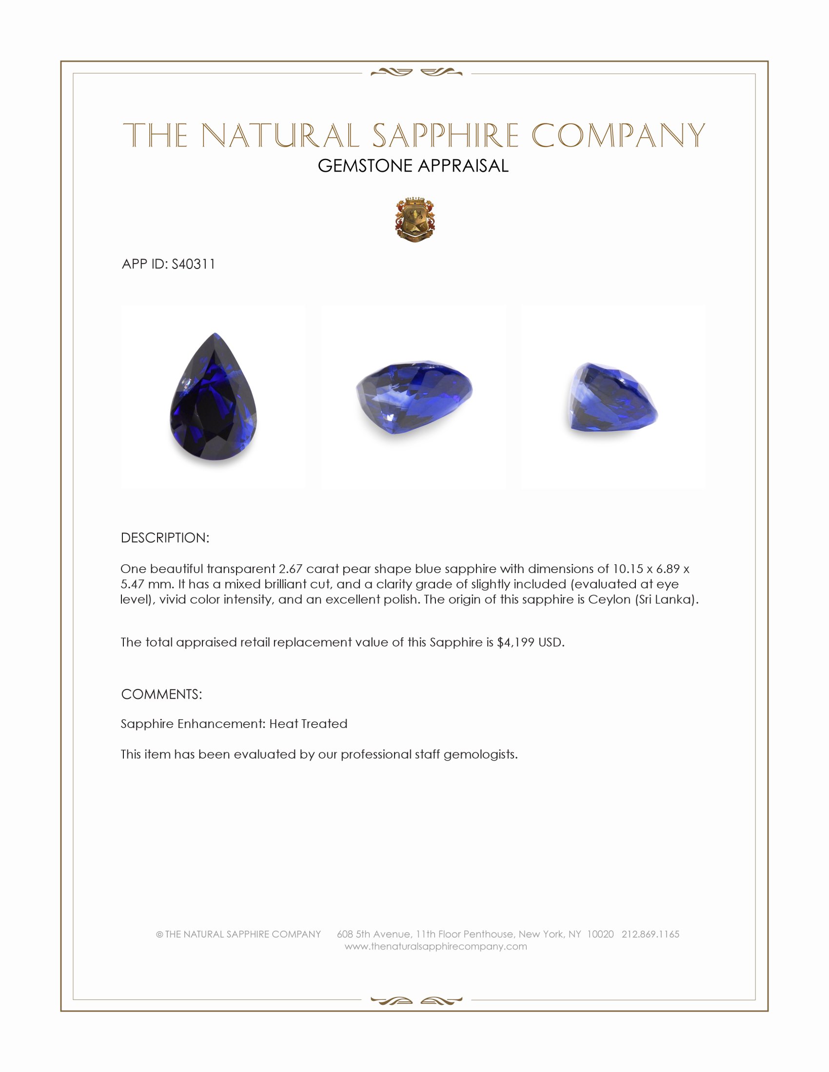 2.67 Ct. Blue Sapphire from Ceylon (Sri Lanka)