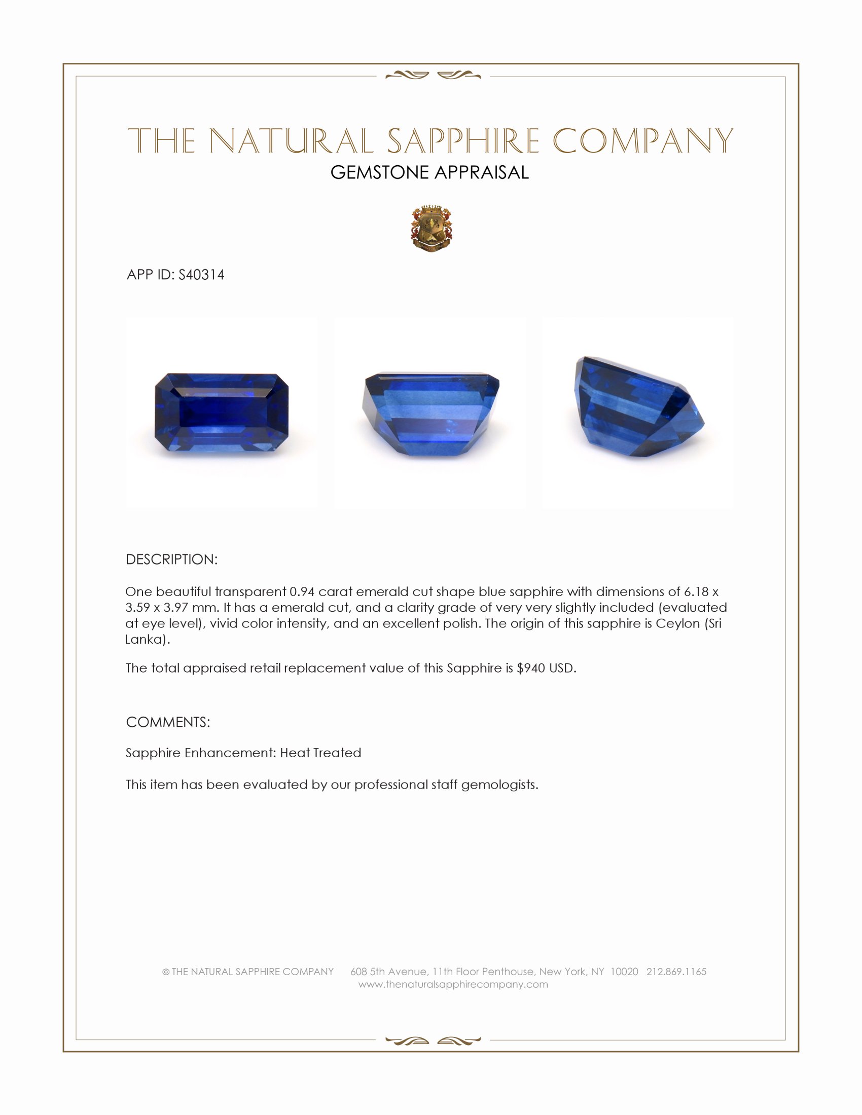 0.94 Ct. Blue Sapphire from Ceylon (Sri Lanka)