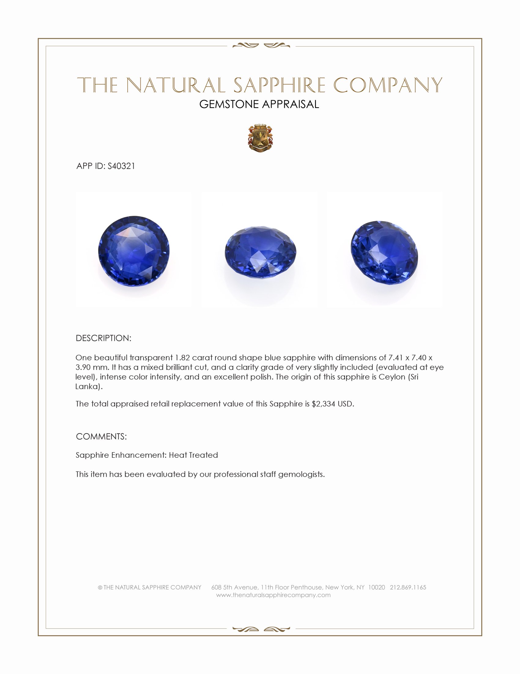 1.82 Ct. Blue Sapphire from Ceylon (Sri Lanka)