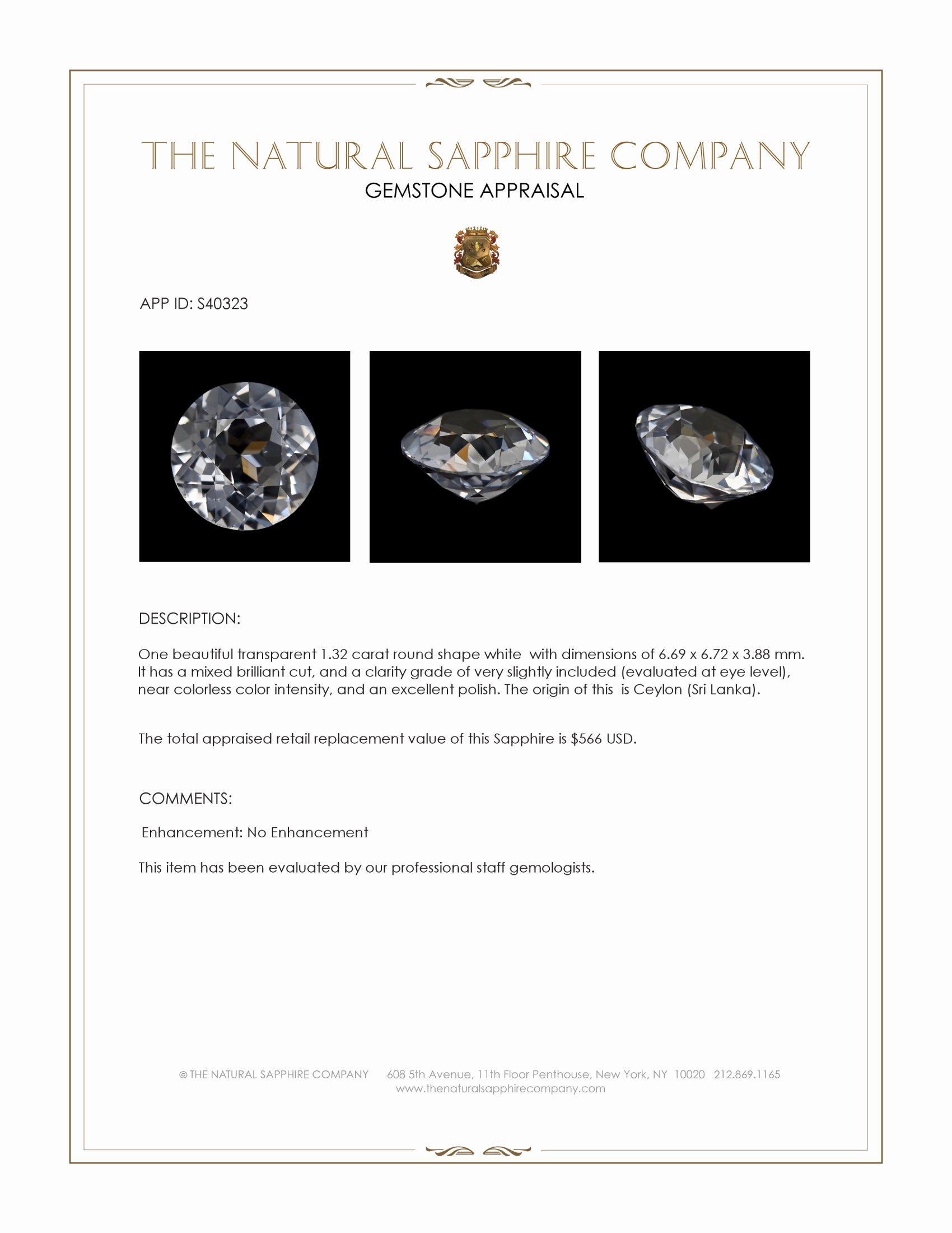 1.32 Ct. White Sapphire from Ceylon (Sri Lanka)