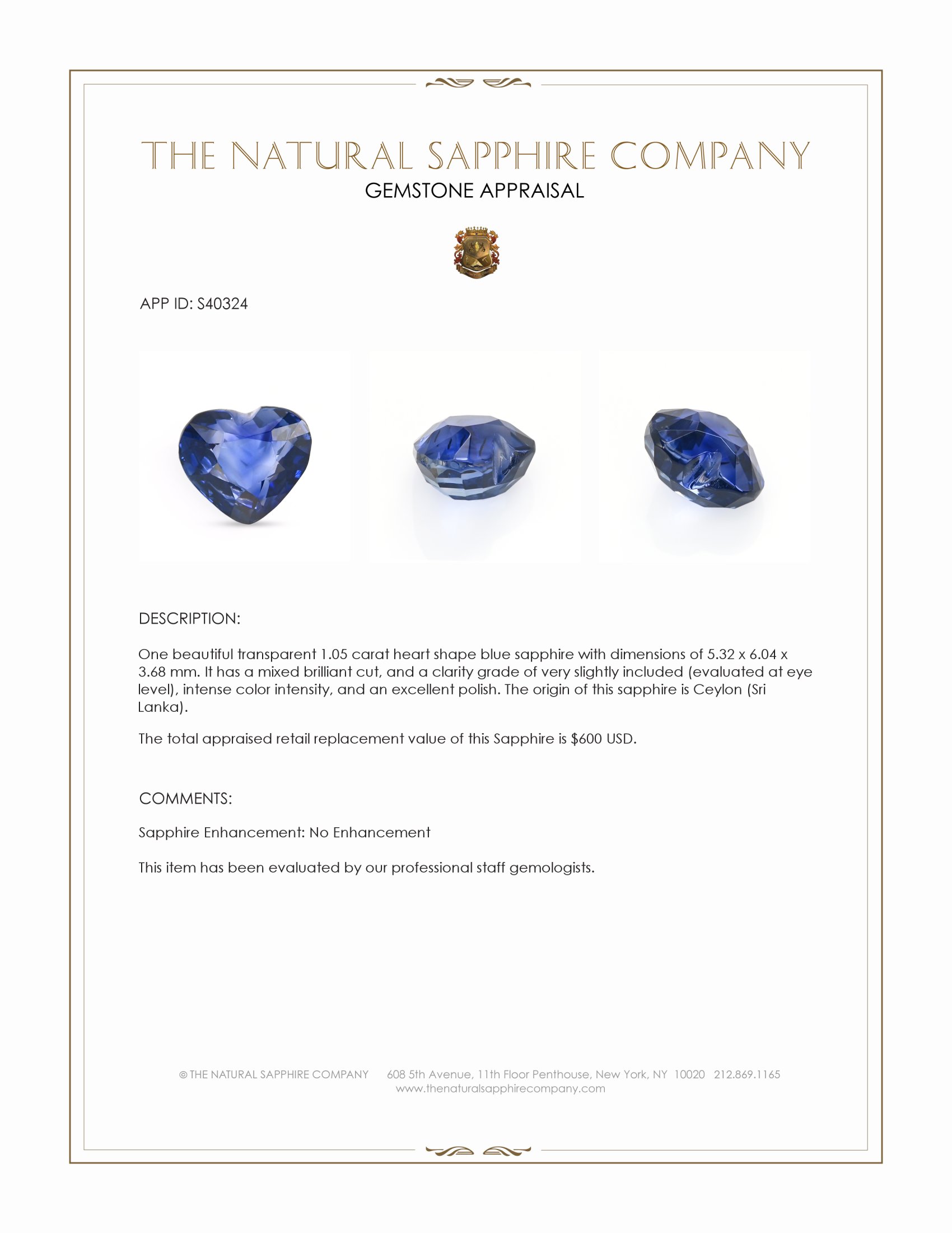 1.05 Ct. Blue Sapphire from Ceylon (Sri Lanka)