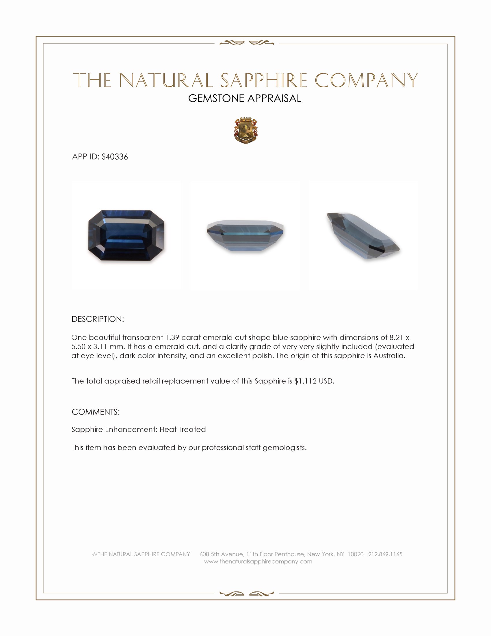 1.39 Ct. Blue Sapphire from Australia